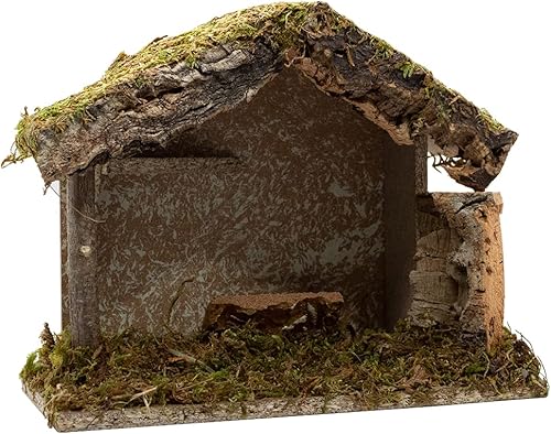VILLAGE GIFT IMPORTERS Nativity Creche - Estable 8.5 pulgadas de alto 10 pulgadas de ancho Techo y suelo de musgo realista Trabajo de textura