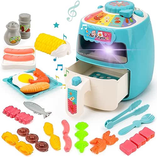 deAO Toy Air Fryer ,19PCS Kitchen Playset Toy with Sounds