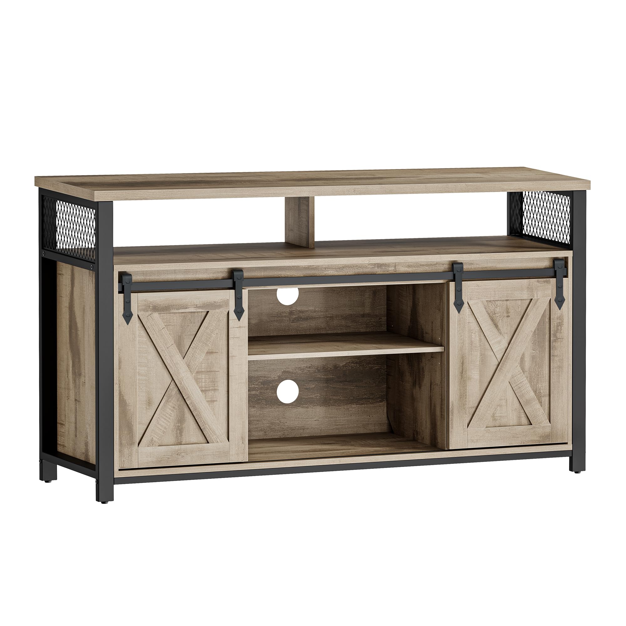 VASAGLE Meuble TV, Support pour Téléviseur Jusqu’à 60 Pouces, Table Télé avec Étagères Réglables, Porte Coulissante, Cadre en Métal, Couleur Chêne et Noir LTV46B50
