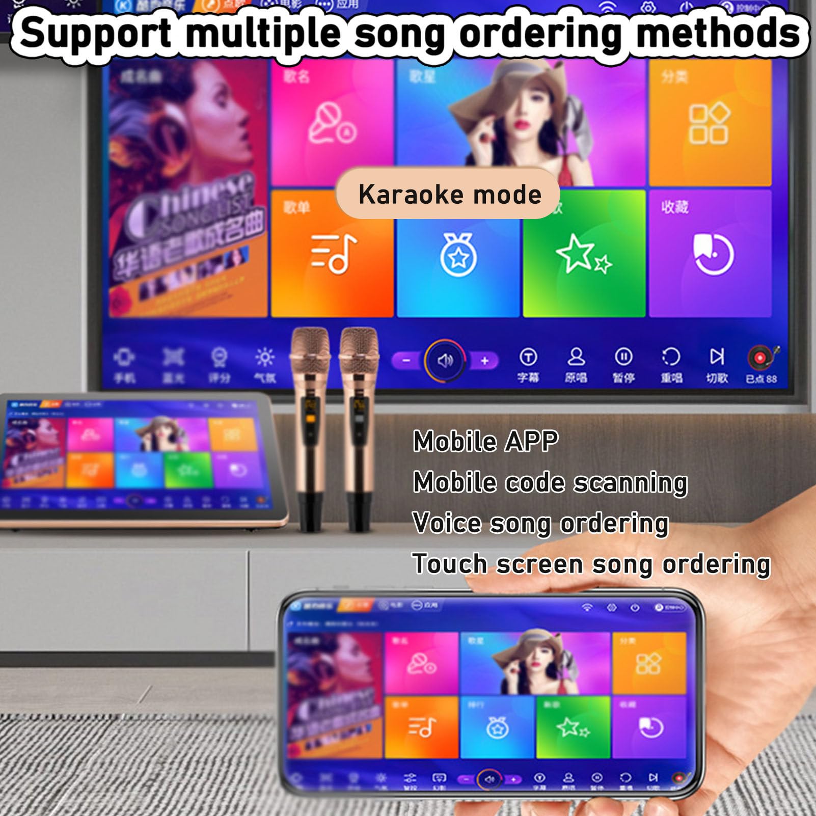Macchina per karaoke con microfono wireless, touch screen, controllo app telefono, supporto multilingue per casa, all'aperto e feste al bar