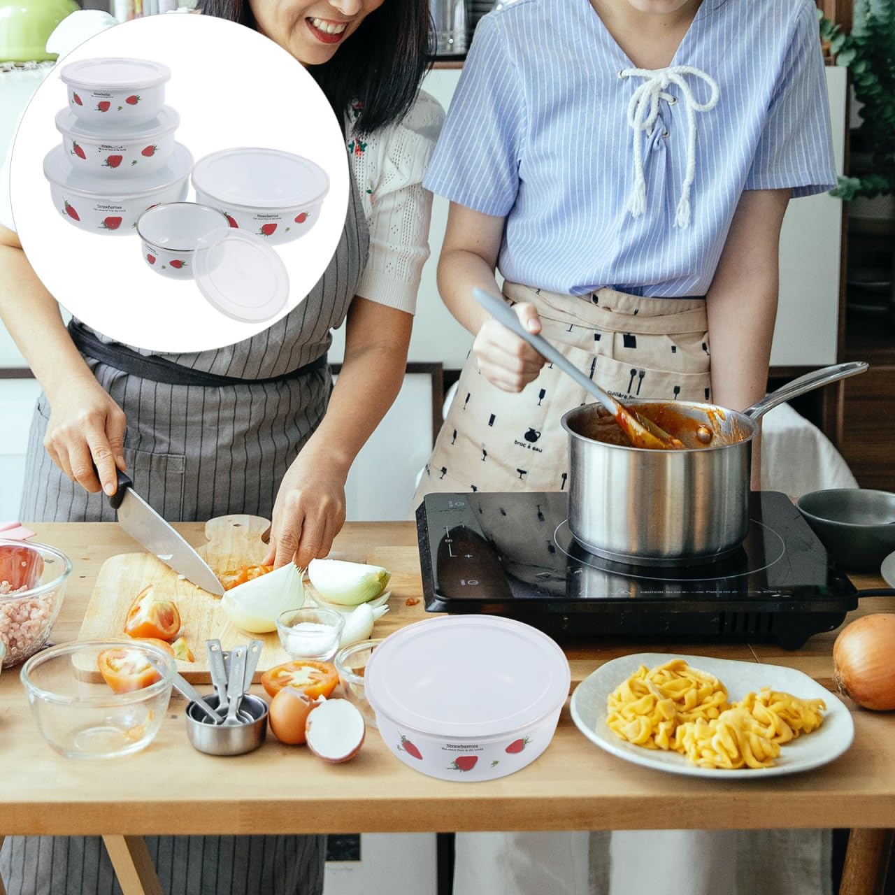 Unomor 5Pcs Enamel Mixing Bowls with Airtight Lids Strawberry Patterned Food Storage Containers for Leftovers Nesting Soup Bowls for Kitchen Camping