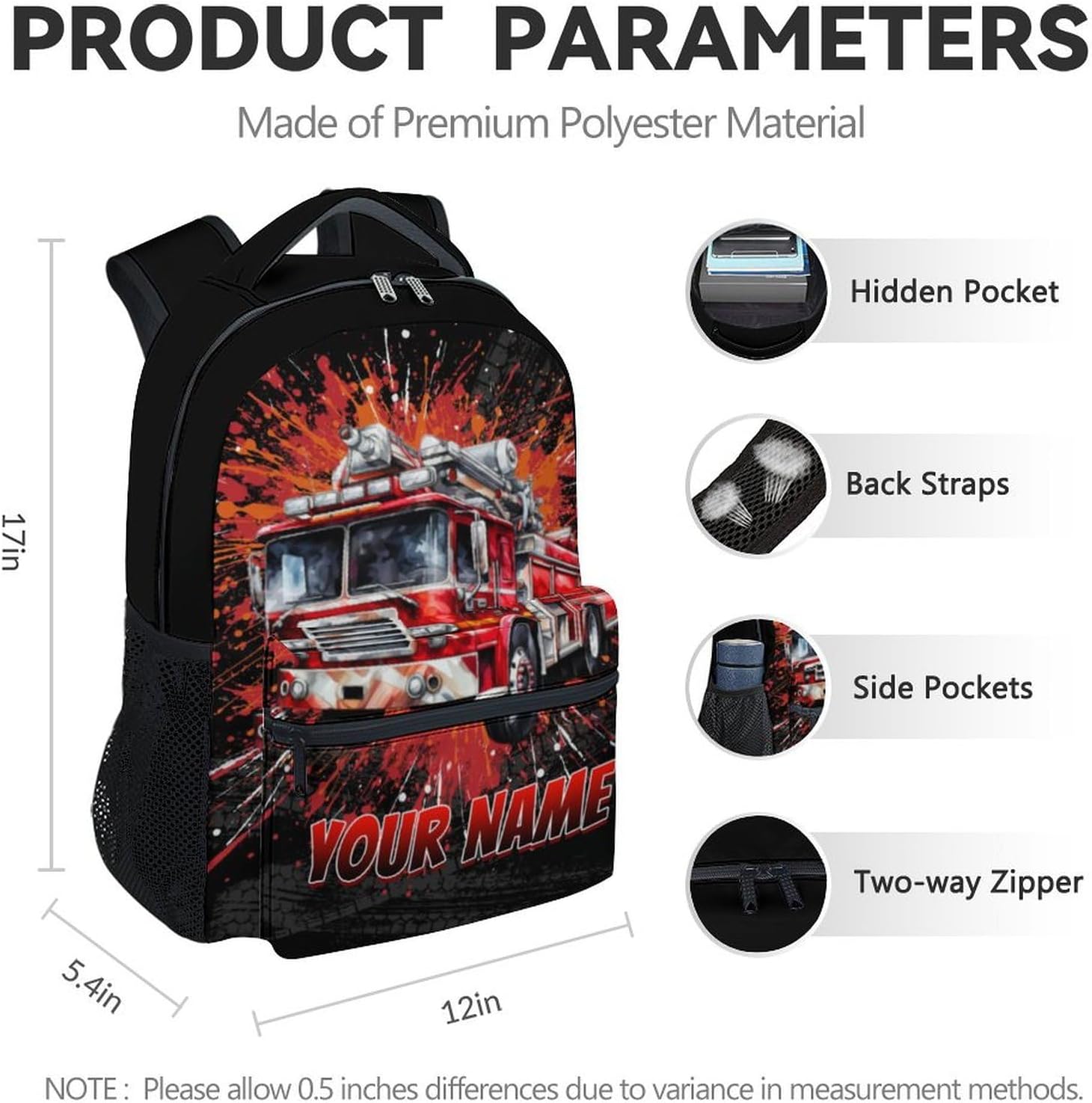 Custom Kids Backpack for Boys, 17 Inch Funny Fire Truck Bookbag with Pockets, Portable Lightweight Backpacks for Kindergarten Elementary School