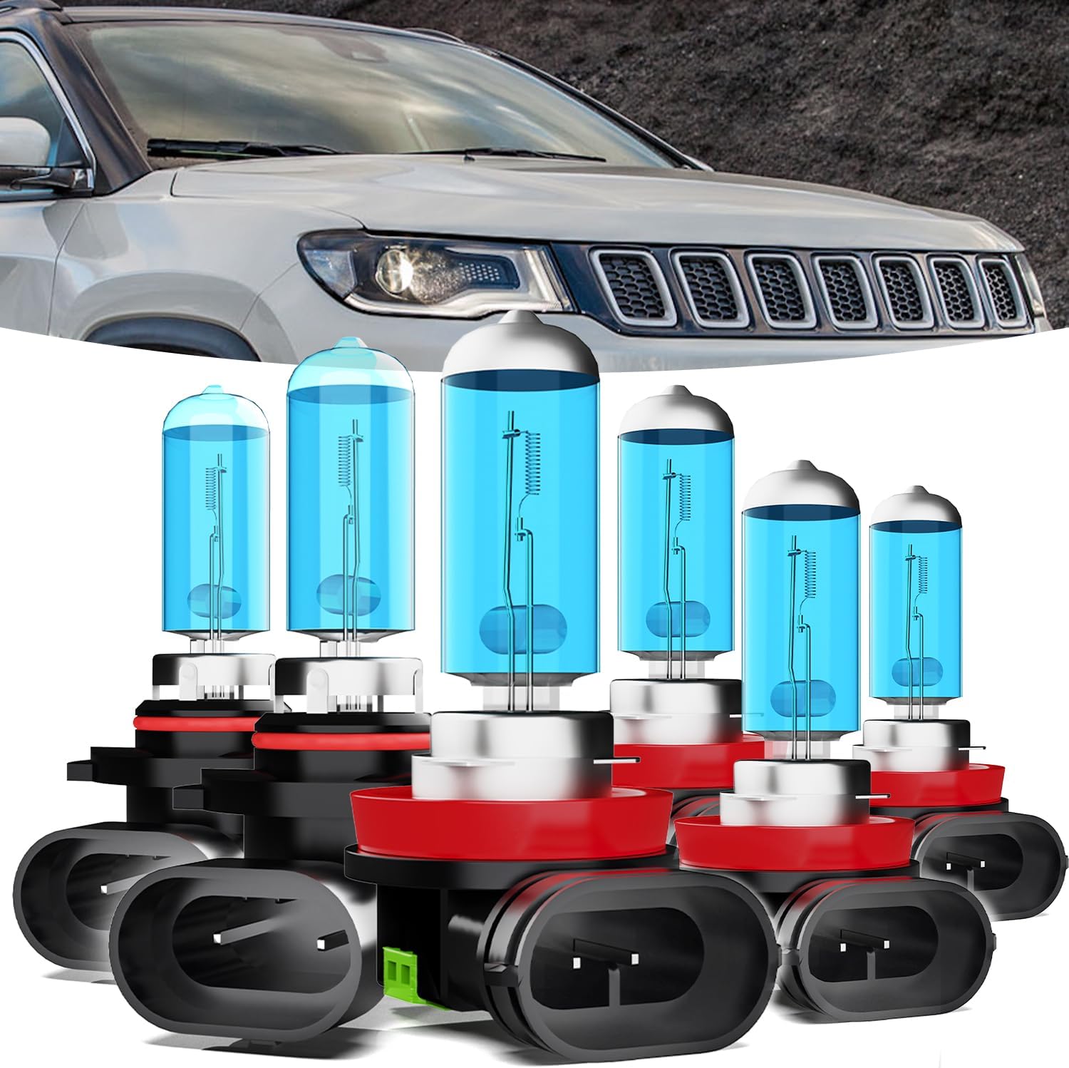 Halogen Headlights Fit for Jeep Compass 2014-2018 Headlight Bulbs,9005/HB3/H10 High Beams+ H11/H8/H9 Low Beams+ h11 Fog Lights Bright Front Lights,Plug And Play,Pack of 6