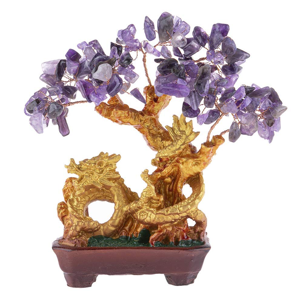 lachineuse - Purple Amethyst Dragon Tree - Feng Shui Tree 19 cm - Asian Japanese Dragon Decoration - Fortune Tree with Golden Dragon - Asian Gemstone Decoration - Japan Zen Object