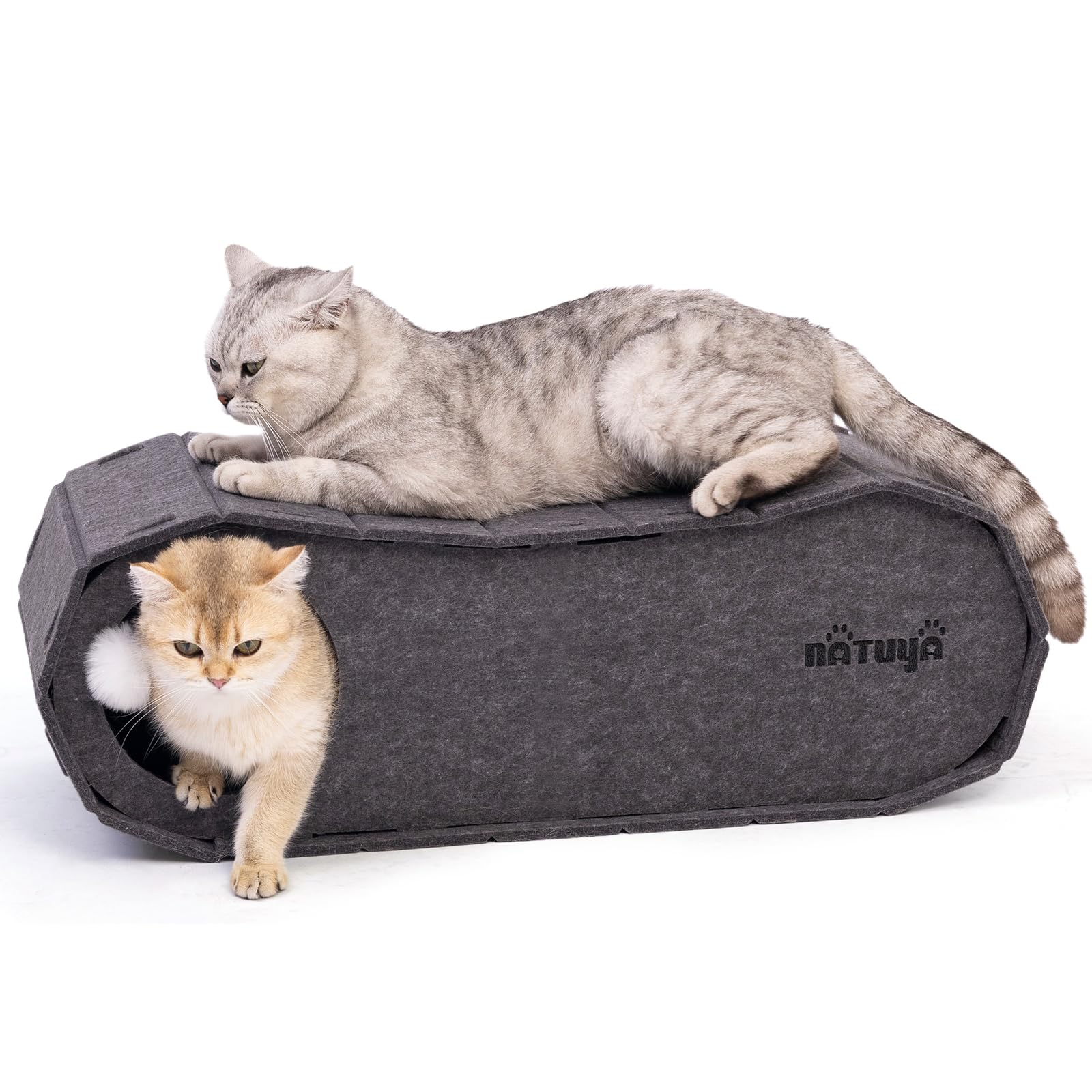 NATUYA Cat Bed Cave for Indoor Cats, Large Cat Lounge Cave Bed with Toy Ball, Enclosed Scratch Resistant Detachable Felt Cat Hideaway Bed for Cats up