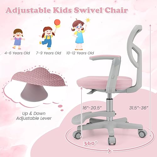 Miniatura 83 de Giantex Silla de escritorio para niños, silla giratoria de computadora para niños de altura ajustable con soporte lumbar en forma de Y y ruedas