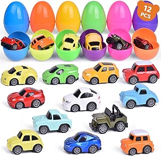 FUN LITTLE TOYS 12Packs Easter Eggs Prefilled with Pull Back Cars, Diecast Cars Toy Vehicles for Toddlers, Easter Basket Stuffers, Easter Egg Fillers, Goodie Bags Fillers, Easter Party Favors