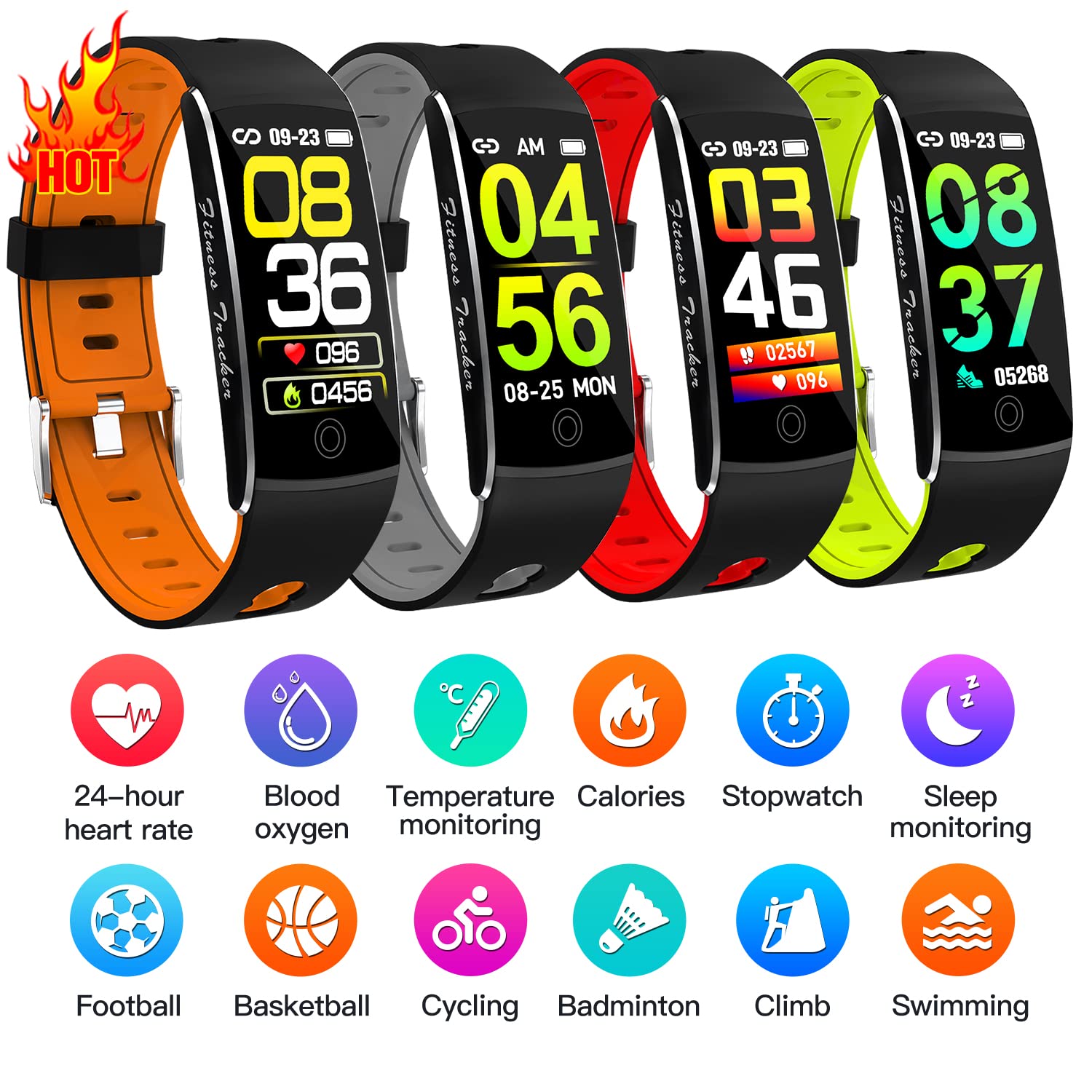 Inteligentny zegarek pomiar temperatury fitness trackery tętno pomiar ciśnienia tlenu we krwi pulsoksymetr bransoletka wodoodporny krokomierz (różowy)