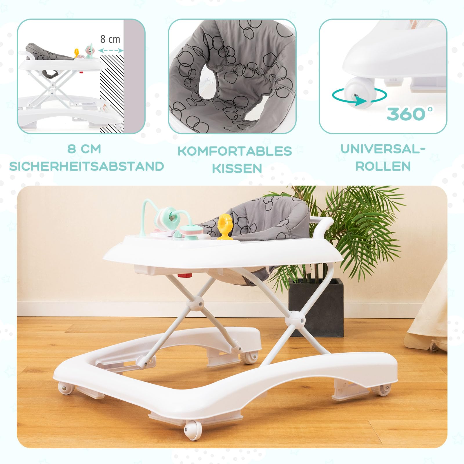 GOPLUS Baby Walker, pomoc do nauki chodzenia 2 w 1, wózek przesuwny z kółkami, ochrona przed przewróceniem, regulowana wysokość i tablet do zabawy, wózek do nauki chodzenia bez chodzenia dla dzieci w