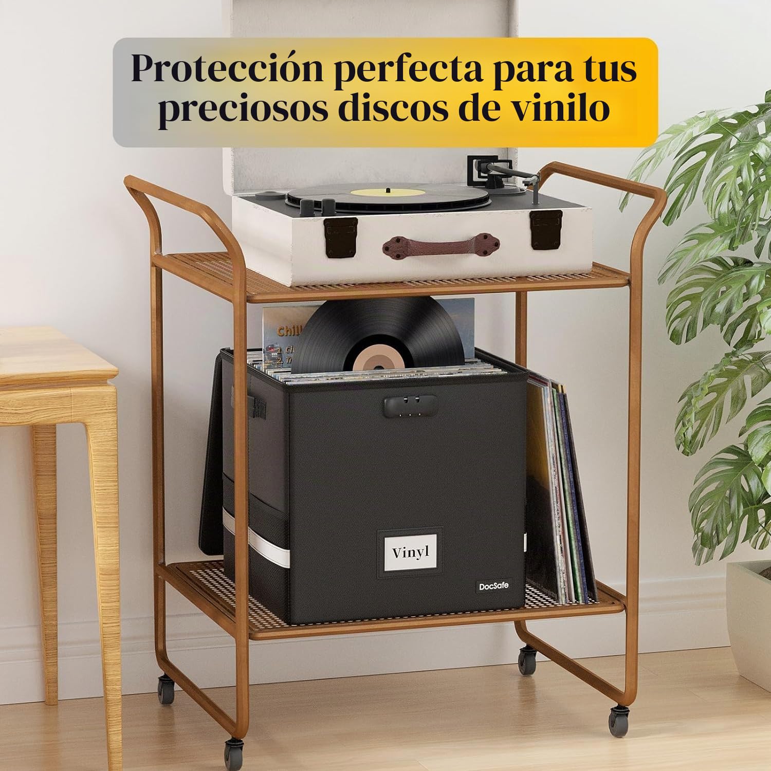 DocSafe Caja de almacenamiento de discos de vinilo con cerradura, caja de almacenamiento de vinilo ignífuga e impermeable para discos de 12 pulgadas, Black, 33x33x33cm, Moderno