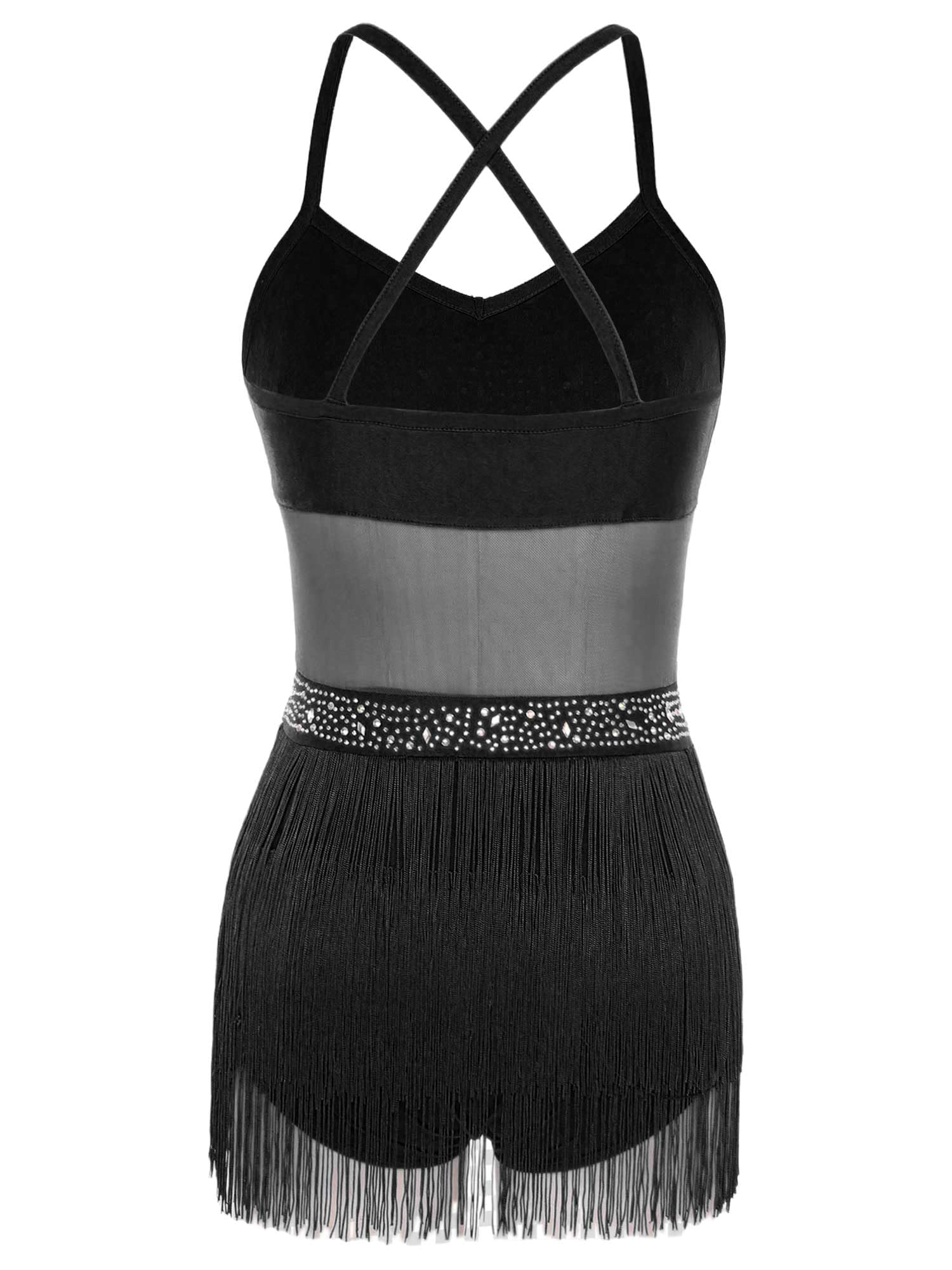 Traje de Danza Latina Salsa para Mujer con Flecos Maillot Patinaje Artístico con Guantes de Malla de Pedrerías Brillantes Traje Baile de Salón Tango Chachá S-XXL