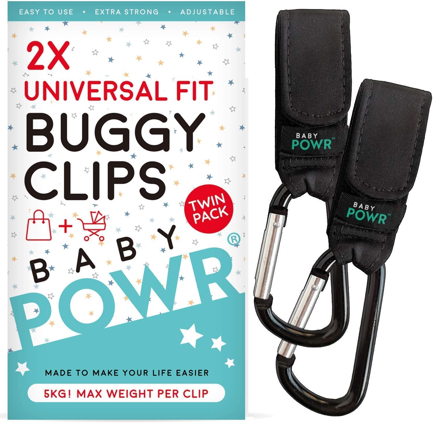 Buggy Clips by Baby POWR - Universal Fit Pram Hooks for Stroller or Pushchair. Securely Organise Your Bags, Baby Toys and Personal Belongings, 2 Pack