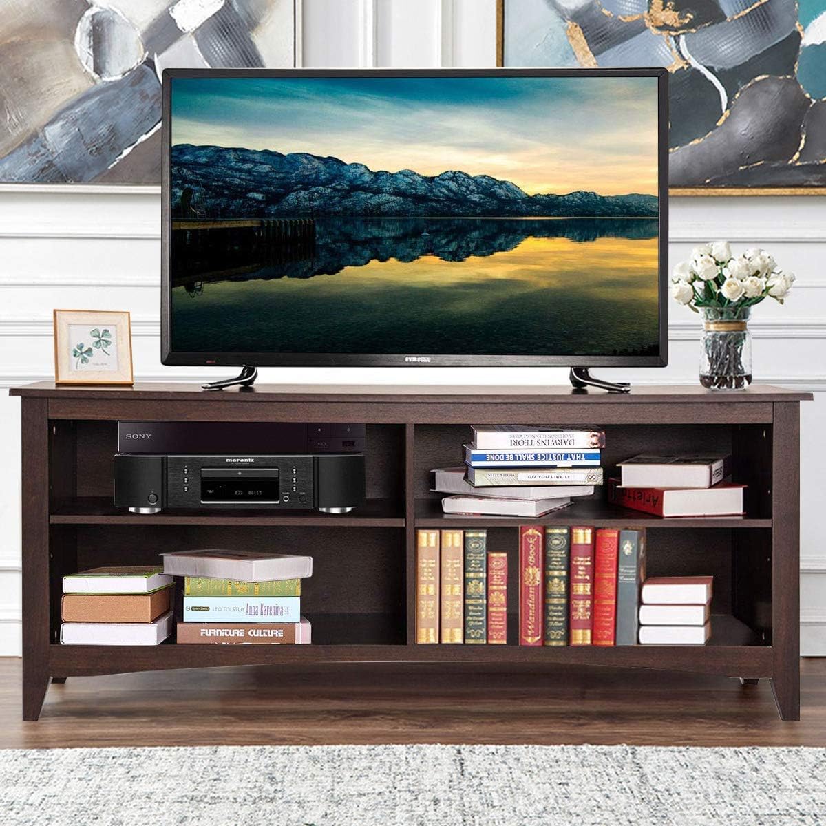 Tangkula 4 Cubby TV Stand, Wood TV Stand for TVs up to 65 Inch, Farmhouse Media Console Cabinet Entertainment Center w/Cable Management Holes & Adjustable Shelf, for Living Room Bedroom