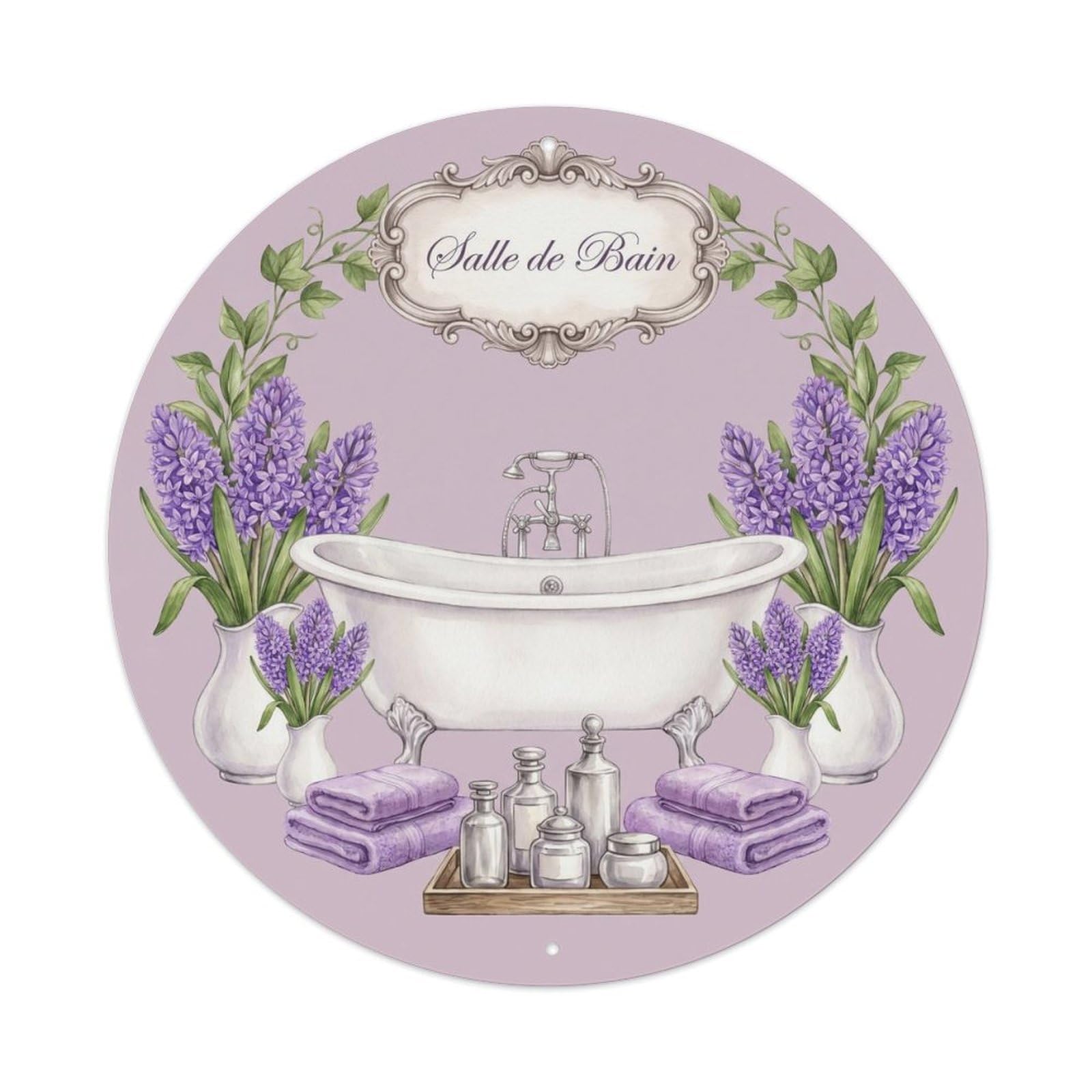 Yrnq Vintage Style Salle Hyacinth Shabby Bathroom Wall Vintage Metal Tin Sign Plaque Wall Decor For Cafe, Club, Garden Round Metal Poster 8X8inch
