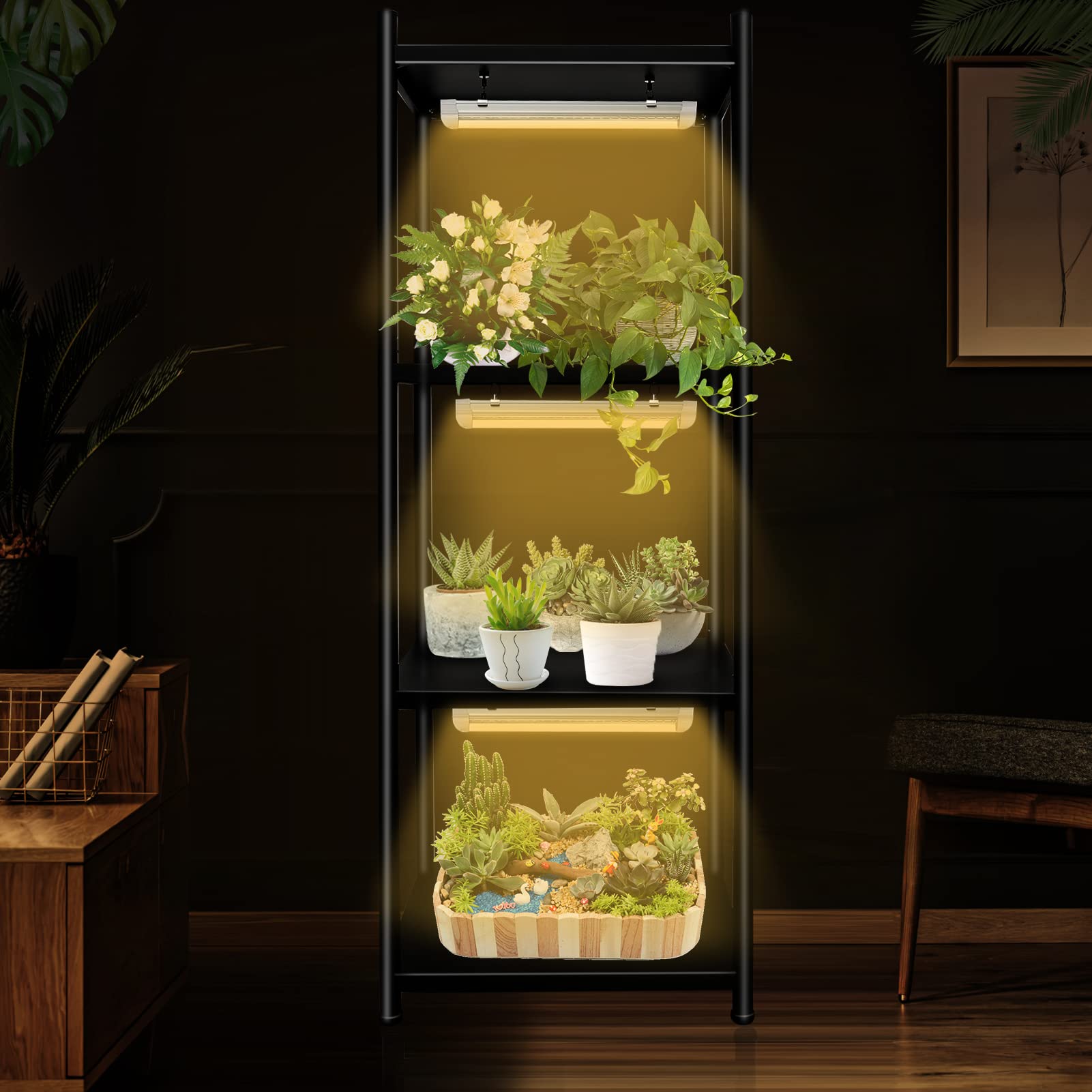 ADEBOLA 4-Tier Plant Stand with High-Intensity 3000K Full Spectrum Grow Lights, Heavy Duty Shelf for Indoor Plants, Seed Starting and Seedlings (17Lx13Wx47H, Black)