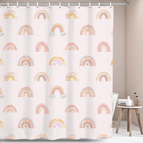 Miyotaa Juego de cortina de ducha bohemia para niñas, 60 pulgadas de ancho x 71 pulgadas de alto, acuarela rosa, lindo abstracto, de poliéster,