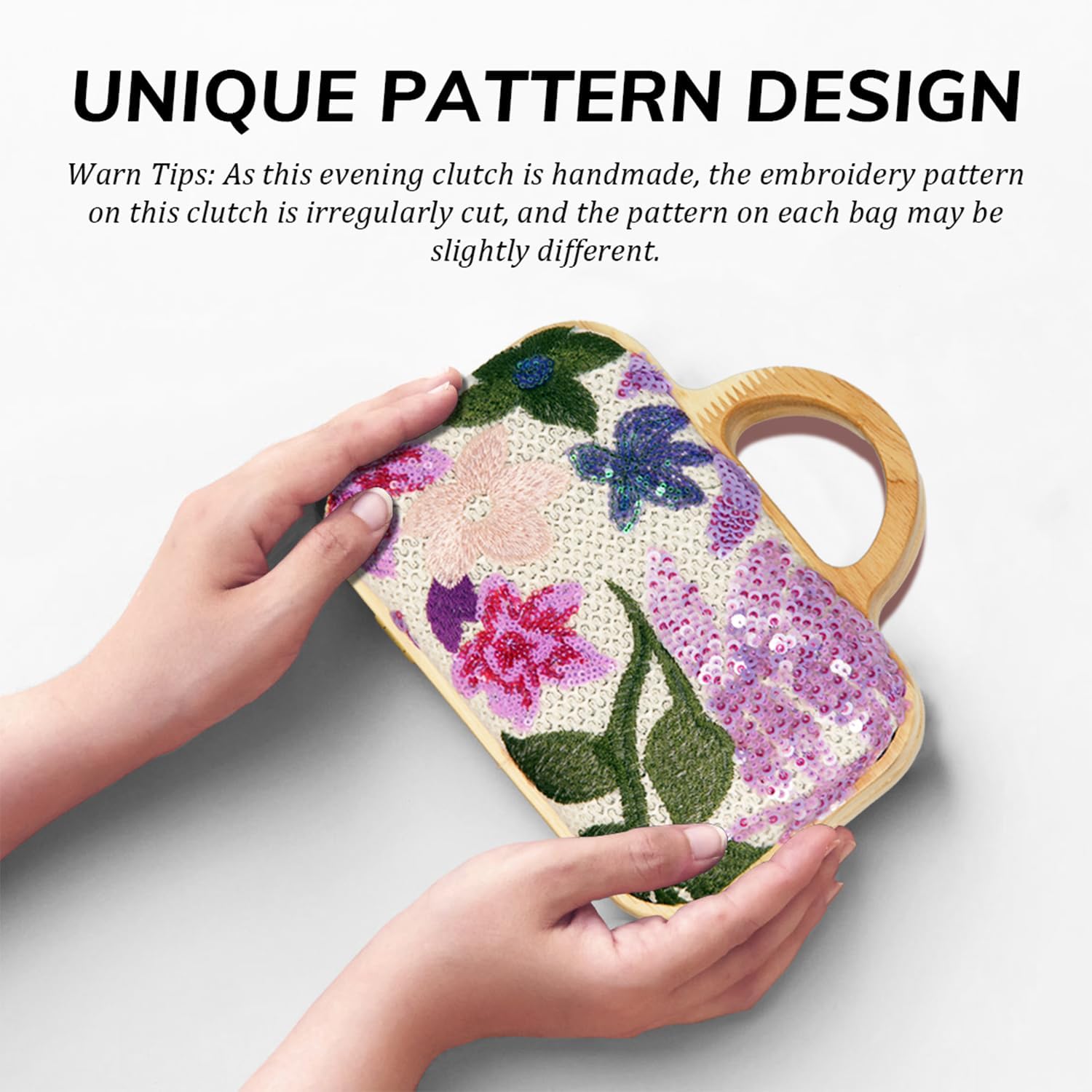 VNIMTI Floral Embroidery Sequin Clutch Evening Bag, Straw Beaded Purse for Women, Cute Ladies Wooden Handbag with Chain for Wedding, Party