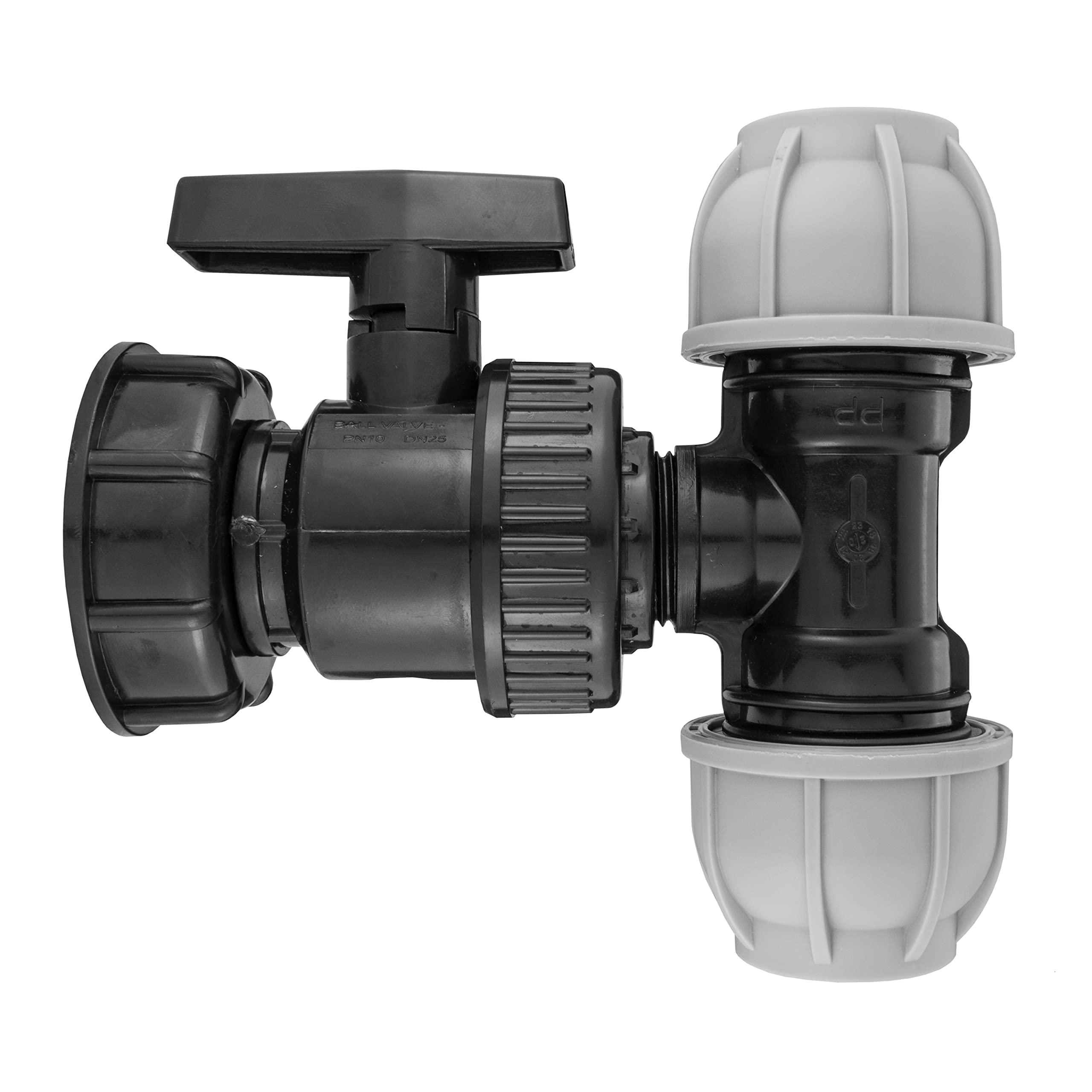 IBC s60x6 portible Water Storage Tank Outlet Adaptor Heavy Duty Polypropylene Valve+ mdpe tee in 3 Sizes (32mm mdpe)