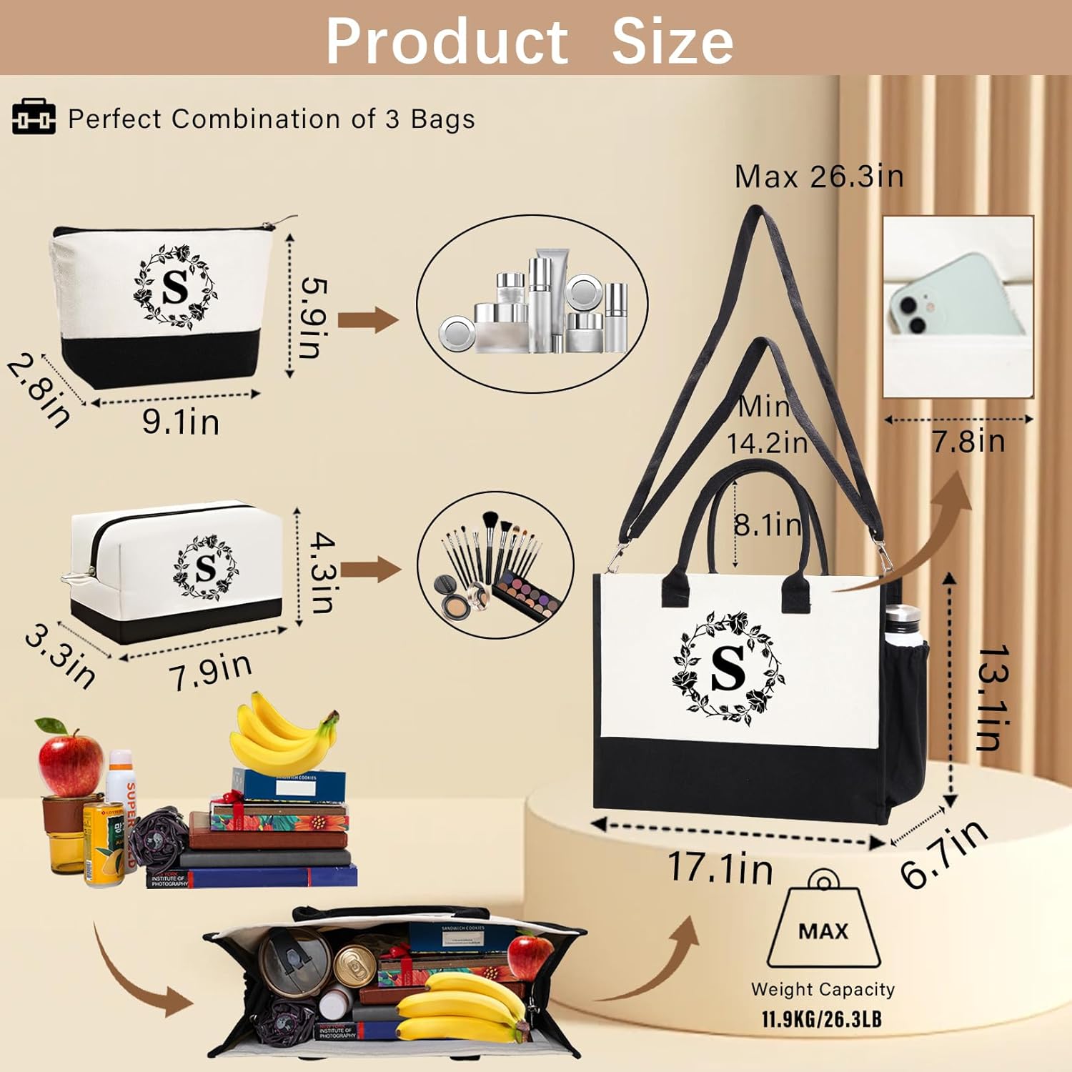 Adyoung Monogrammed Tote Bags, 3PCS Initial Personalized Monogram Tote Bags for Women, Birthday Gifts Tote Letter Canvas Bag - Image 4