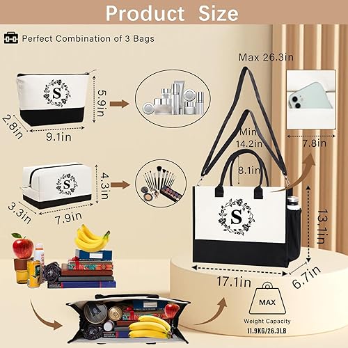 Miniatura 4 de Adyoung - Bolsas de mano con monograma, 3 bolsas de mano personalizadas con iniciales para mujeres, regalos de cumpleaños, bolsa de lona con letras