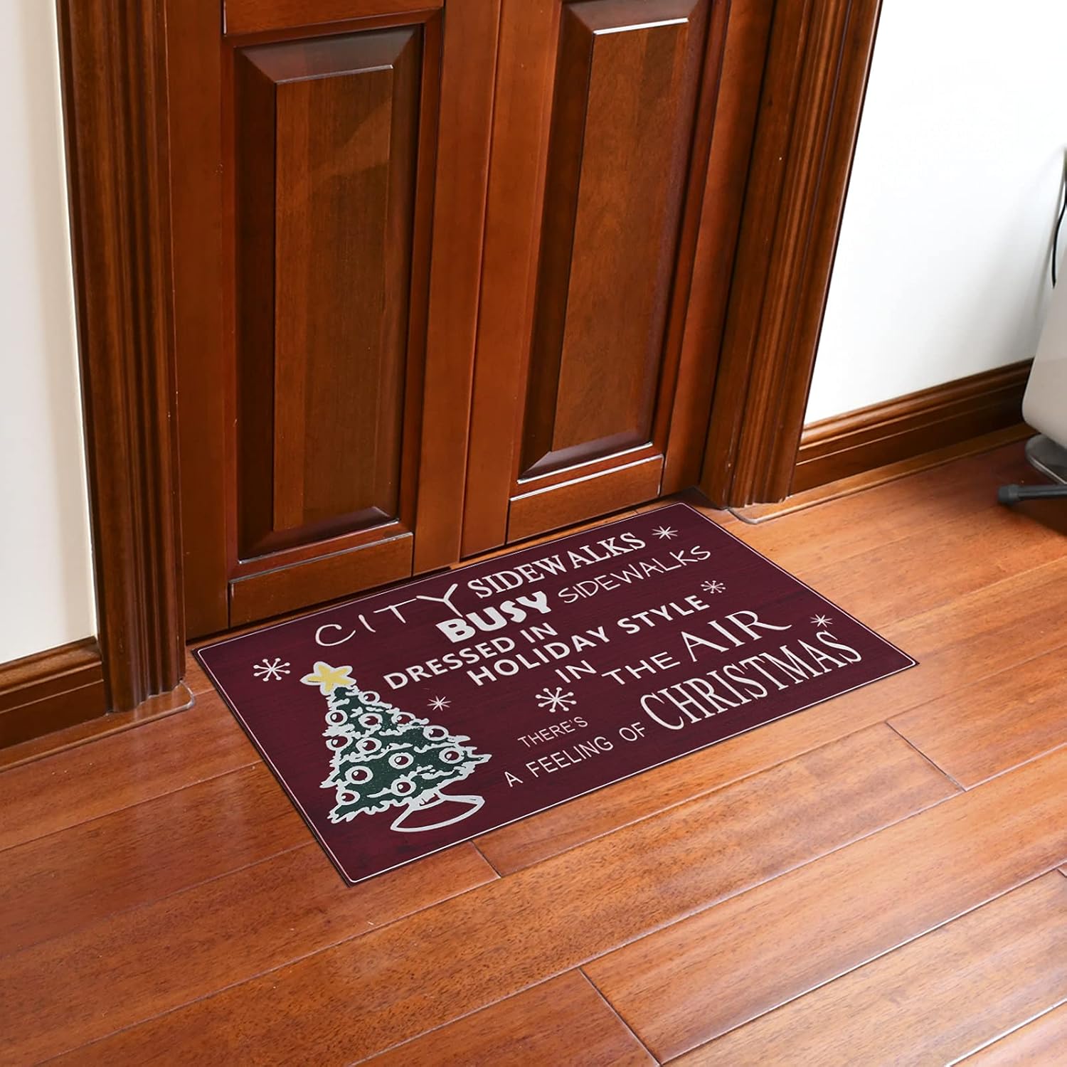 Merry Christmas Welcome Mats Decorative Doormats with Xmas Tree Non-Slip Winter Front Door Mat Indoor Outdoor Holiday Decor Floor Rug for Home Entryway Kitchen (Red)