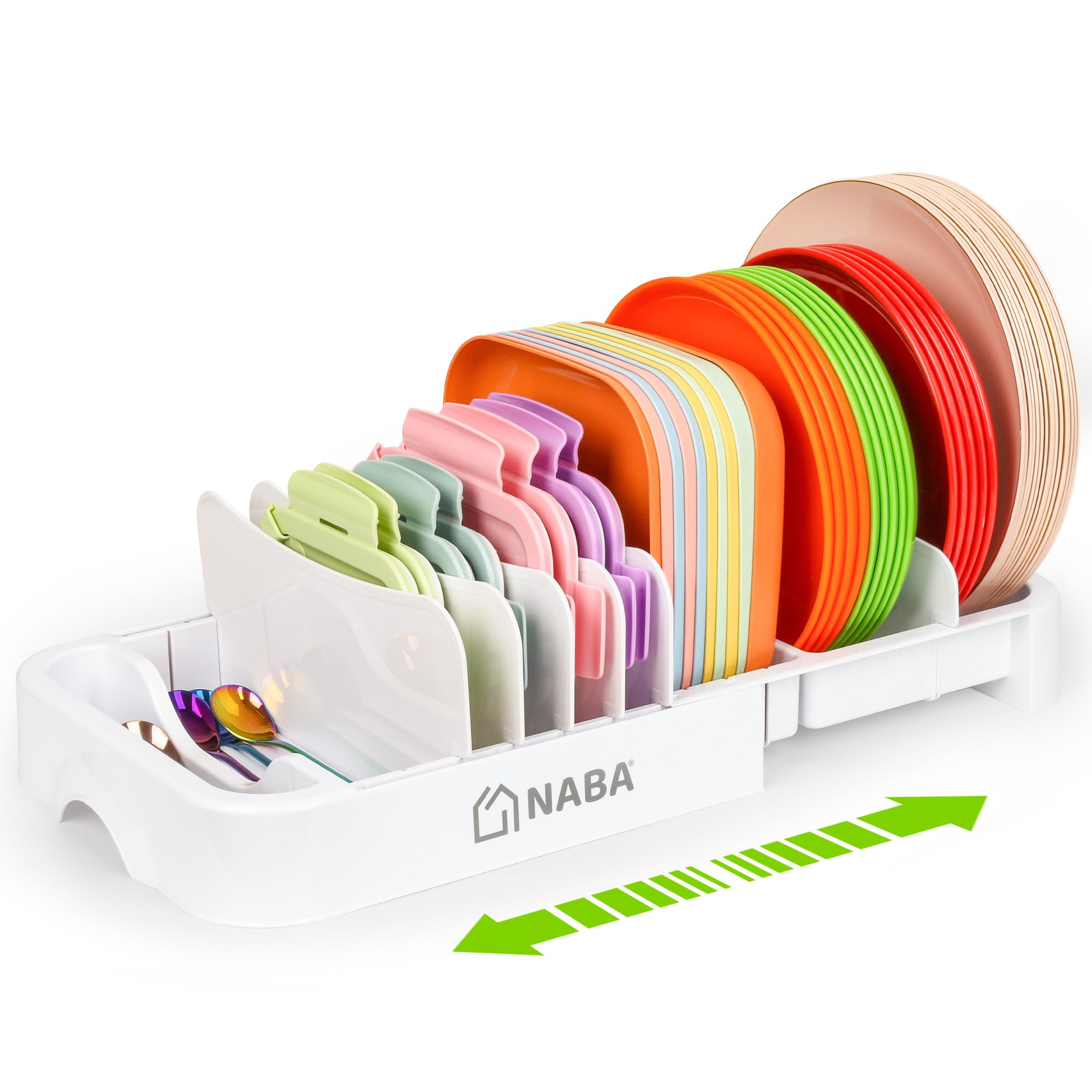 NABA Lid Organiser for Cupboard โ Food Container Storage, Extendable & Adjustable, 10 Dividers, Plastic Tupperware Tidy for Kitchen Cabinet, Drawer & Countertop with Cutlery Tray โ Large, White