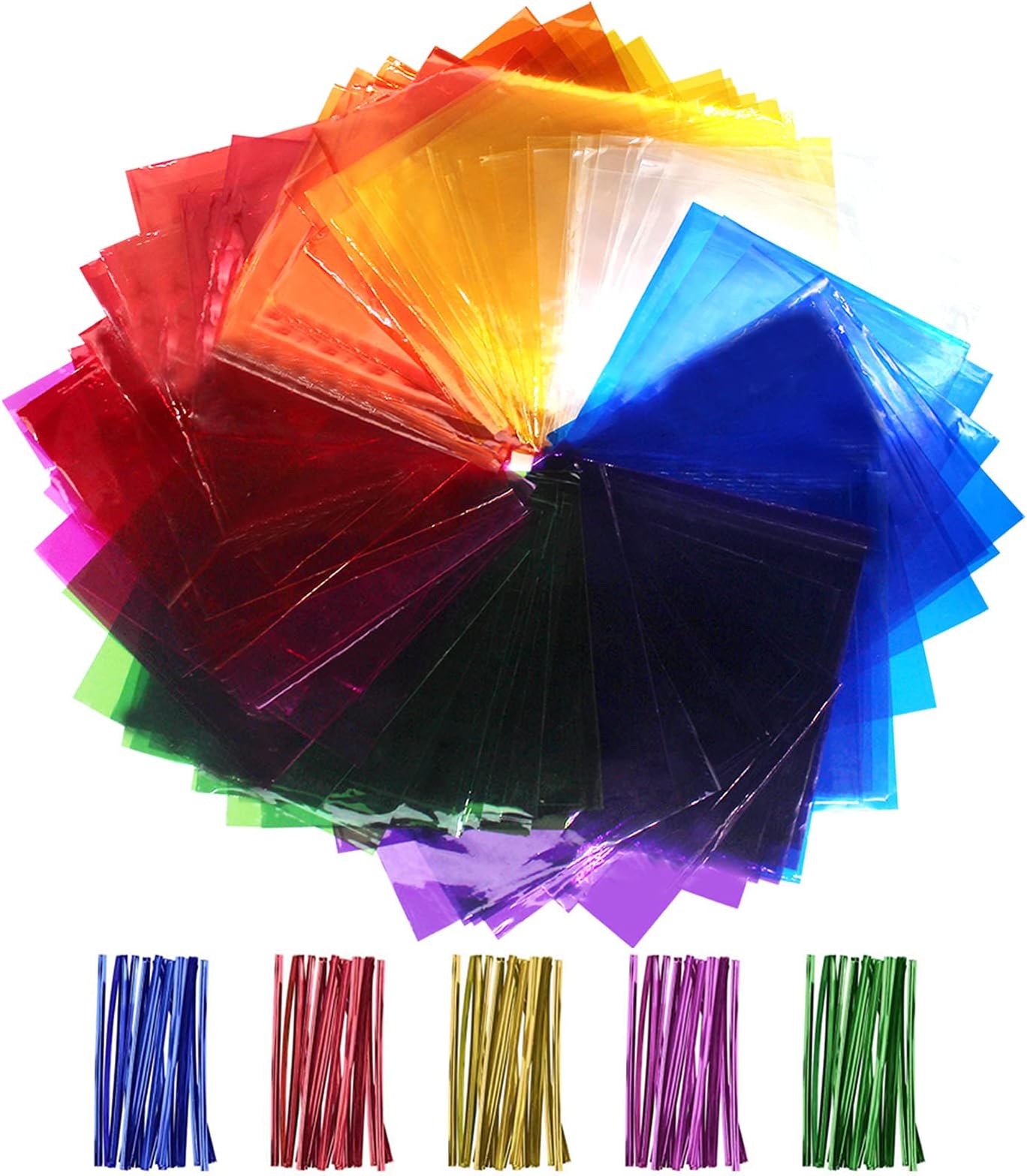 Cinvo 160 Pcs Colored Cellophane Wrap Cellophane Sheets with Twist Ties Cello Wraps Colorful Transparency Sheet for DIY Arts and Crafts, Treats Candy Wrapping Party Supplies (Clear, 7.5 x 7.5 Inch)