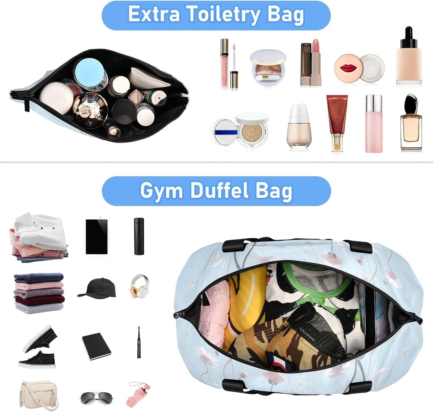 Travel Duffel Gym Sports Luggage Bag Expandable Large Capacity White Flower Sports Bag for Women and Men