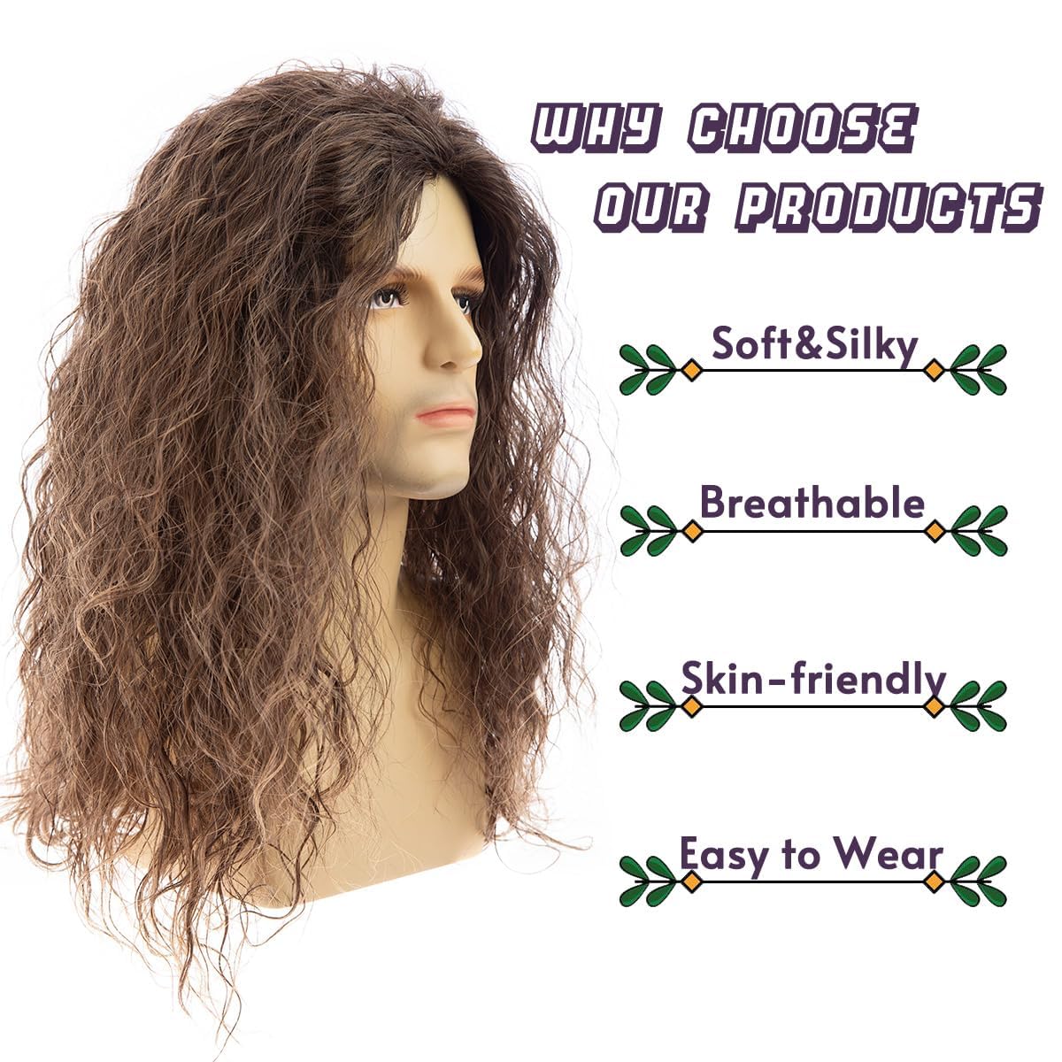 Beweig Mens Wig Long Curly Wavy Brown Synthetic Hair Wig for Cosplay Costume Halloween Party, brown2, 23 cm - Image 2
