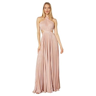BCBGMAXAZRIA Pleated Metallic Cross Neck Evening Gown Women