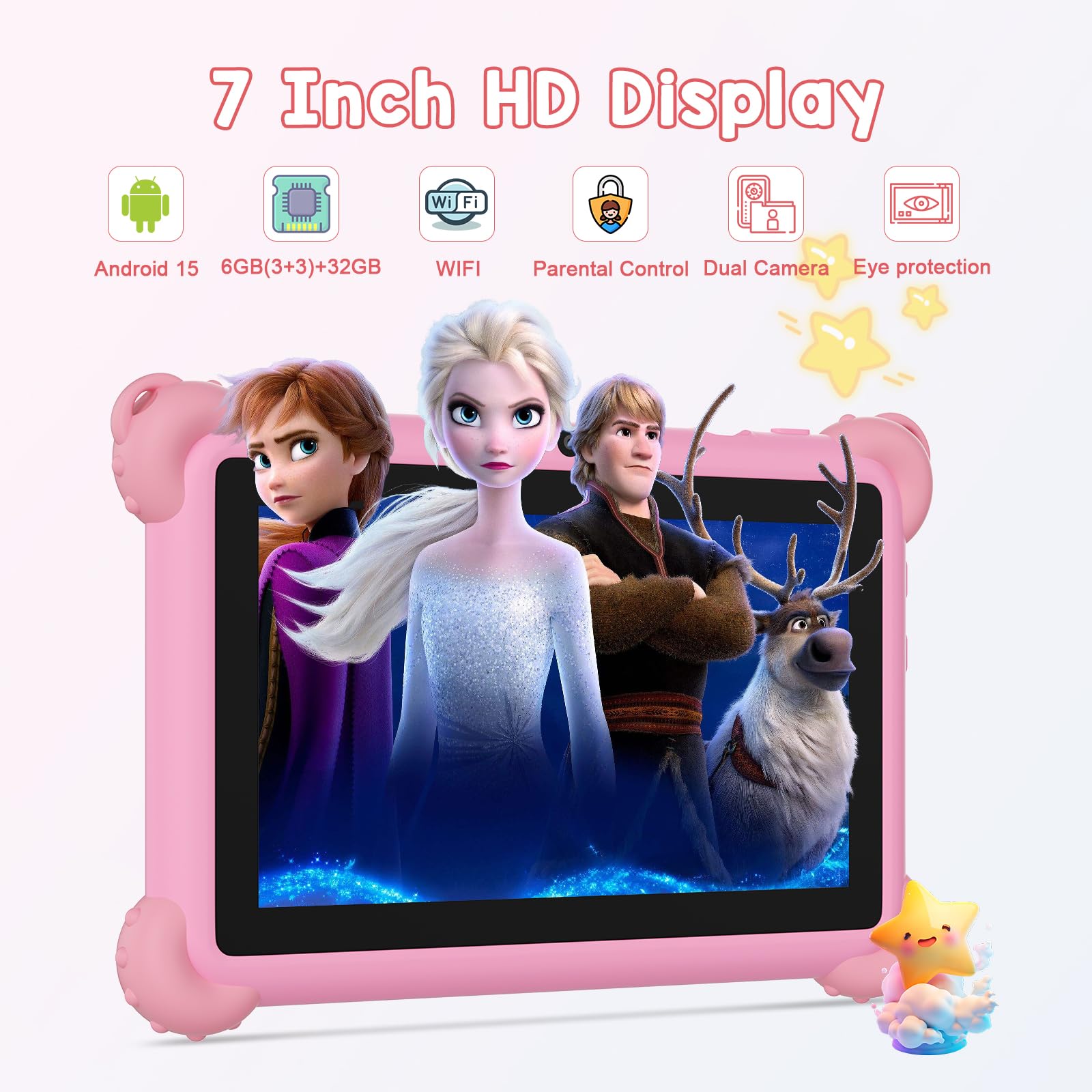 C idea Tablet per bambini Android 15, schermo 7 pollici 1024 x 600, 6 GB (3+3) di RAM + 32 GB di ROM, batteria 2500 mAh, applicazioni per bambini preinstallate, compatibile WiFi e Bluetooth (rosa)