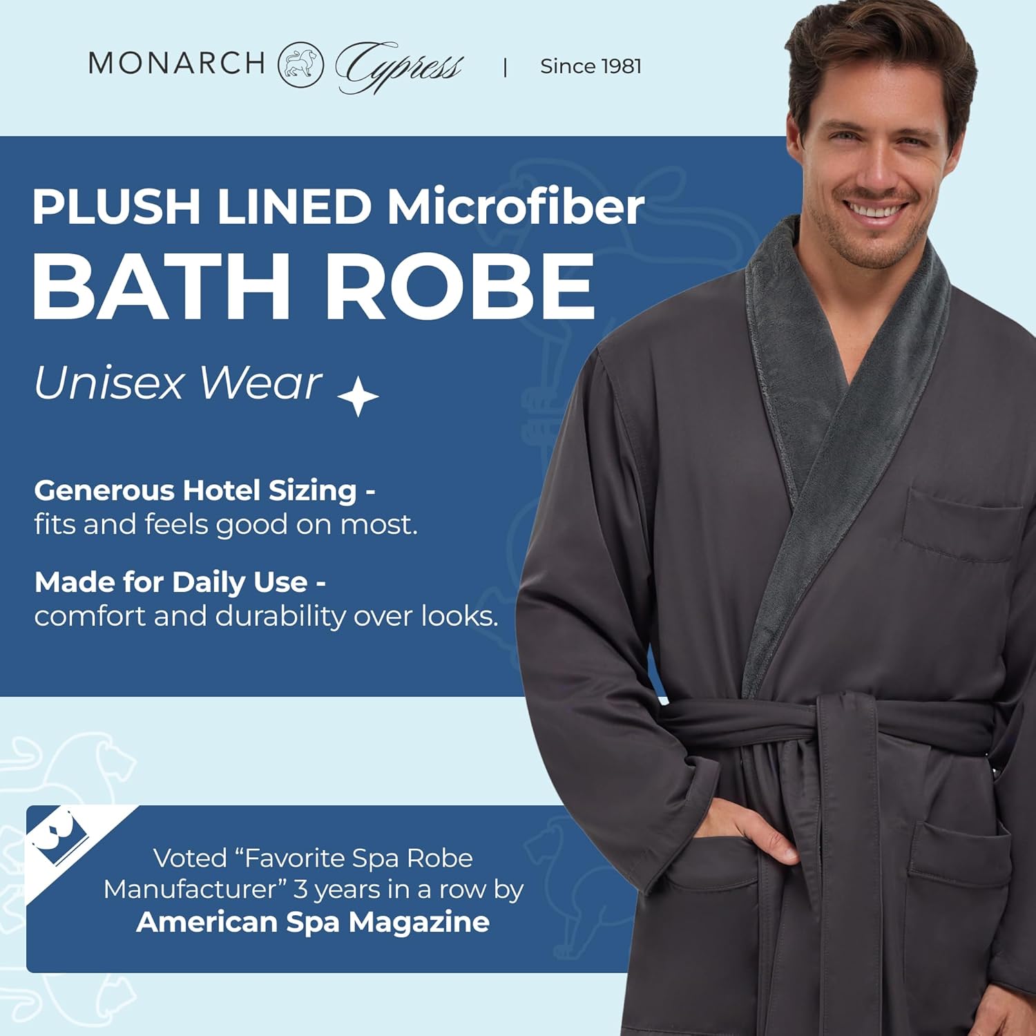 MONARCH Unisex Plush Lined Microfiber Bath Robe - Soft Shell with Polyester Lining, Resort-Grade Hotel & Spa Robe with Pocket - Image 2