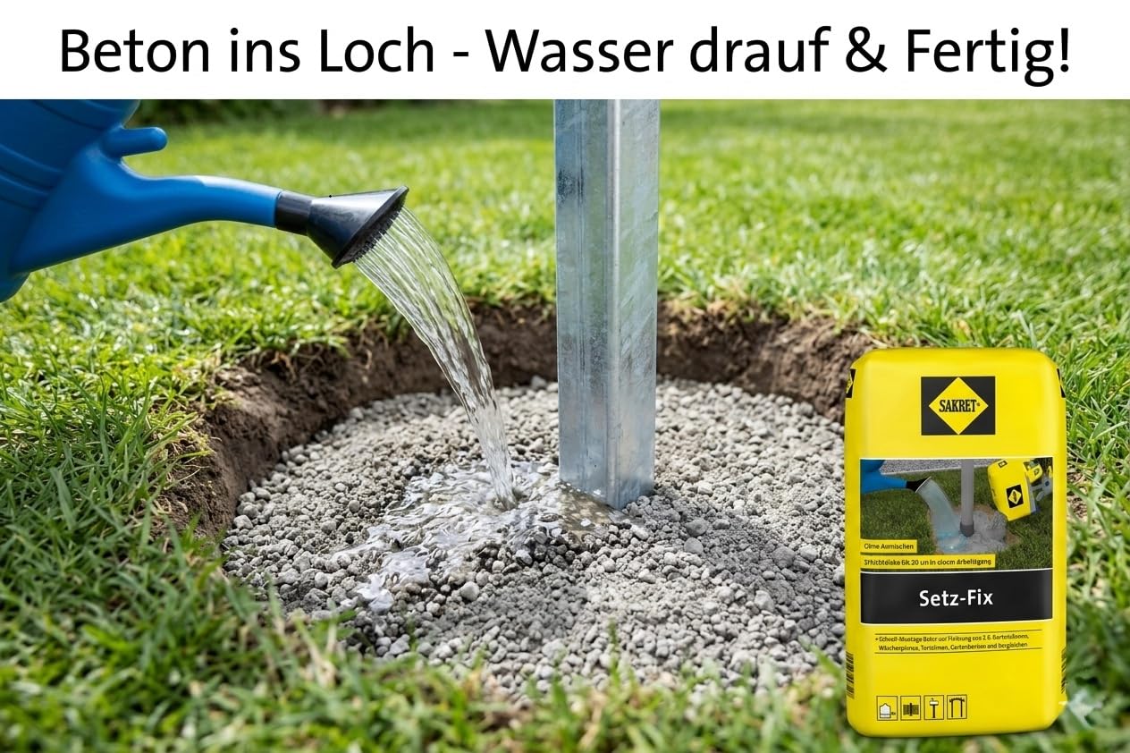 Setz-Fix Schnellbeton 25 kg inkl. Sacköffner | Blitzbeton härtet in 5 Min | Montagebeton für Zaunpfähle, Pfosten & Fundamente | Grau, frostbeständig, Innen & Außen