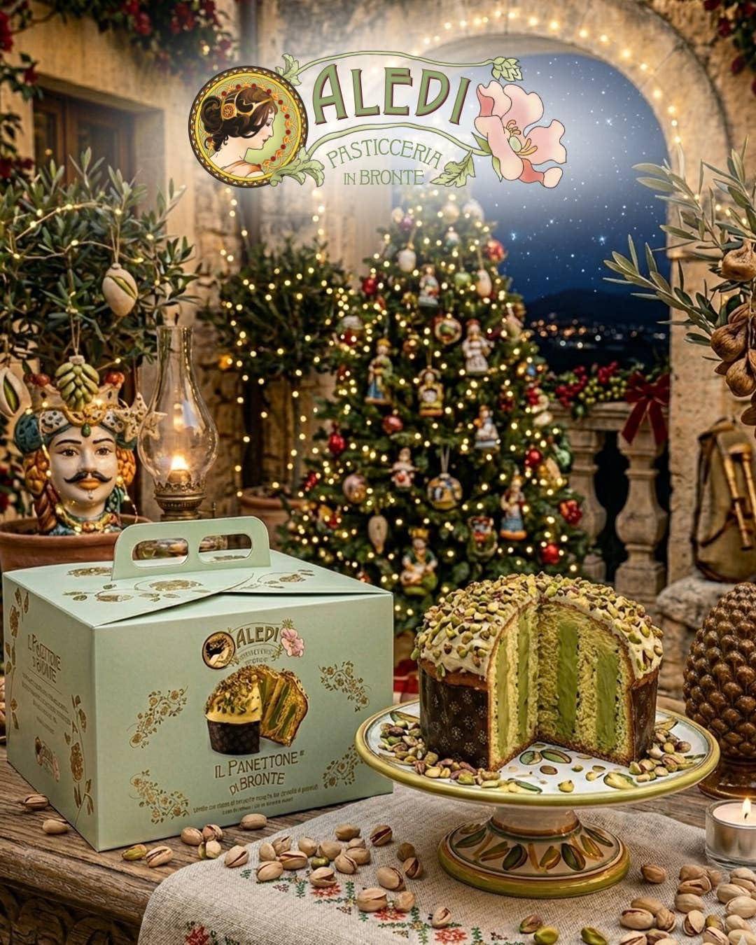 Aledi Pasticceria in Bronte Panettone al Pistacchio Verde di Bronte DOP, Farcito con Crema al Pistacchio, Lievito Madre, 900 g