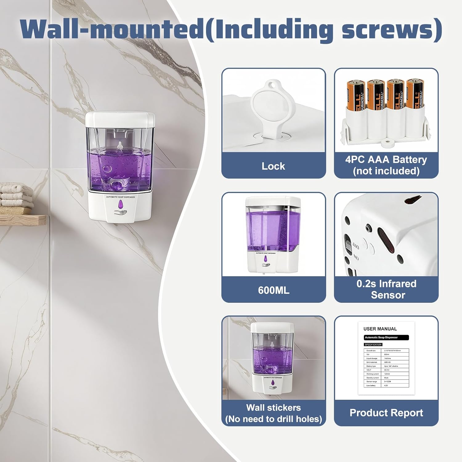 4 Pack Automatic Soap Dispenser Wall Mount,Touchless Liquid Soap Dispenser,Battery Operated,600 ml / 20 oz Commercial Hand Detergent Dispenser for Office Home Kitchen School Bathroom Hotel (White)