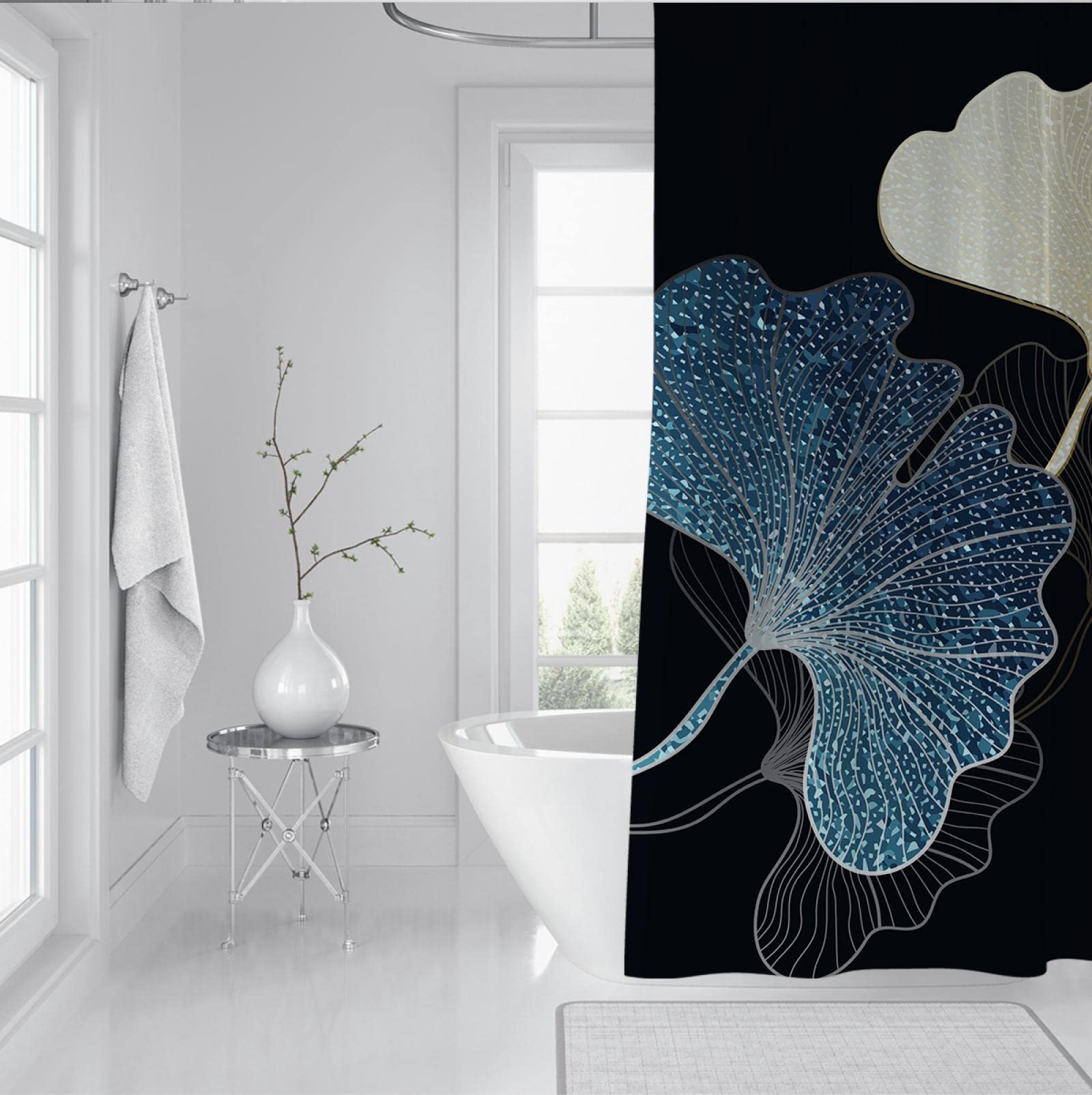 Rideau de Douche pour Salle de Bain Noir Bleu Texture de Luxe Rideau de Douche en Polyester imperméable à l’Eau Rideaux de Salle de Bain Crochets Machine de Lavage 120Wx200Lcm