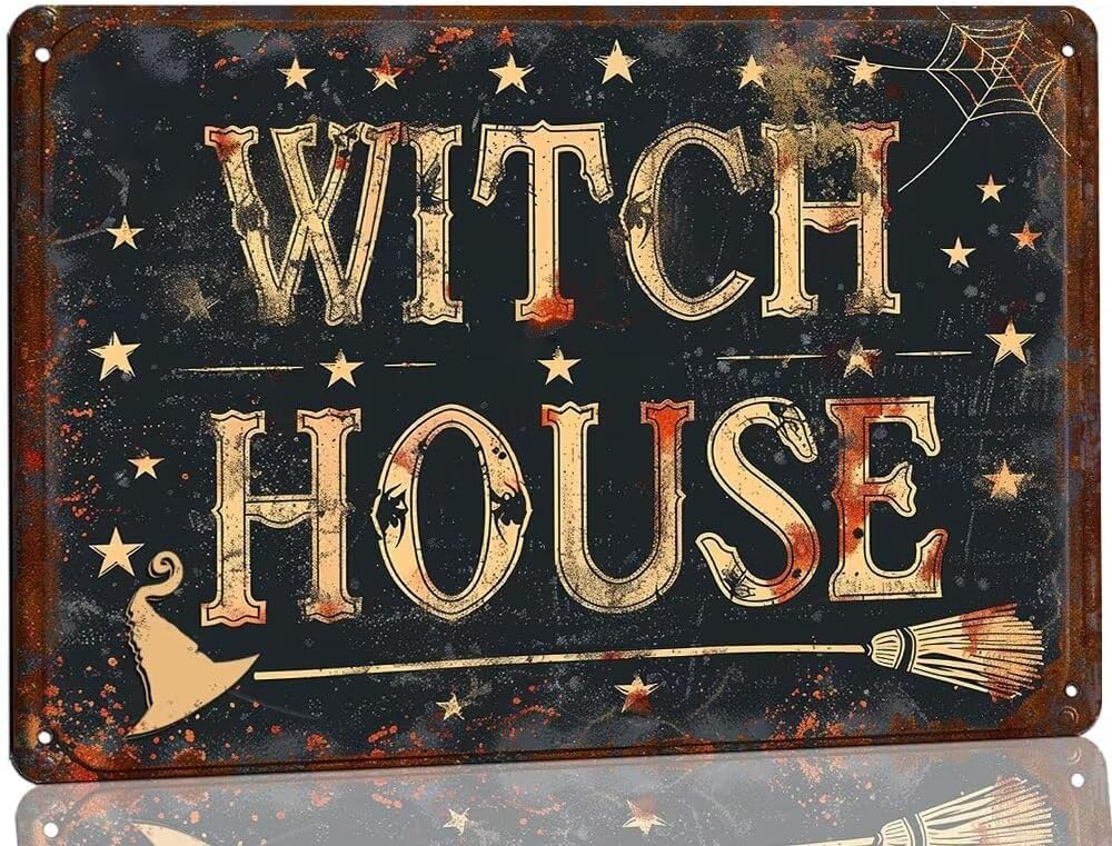 SMAZDFXX Vintage Witch House Metal Tin Sign Halloween Spooky House Decor Signs for Home Living Room Cafes Bar Club Kitchen Accessories Poster 5.5"x8"