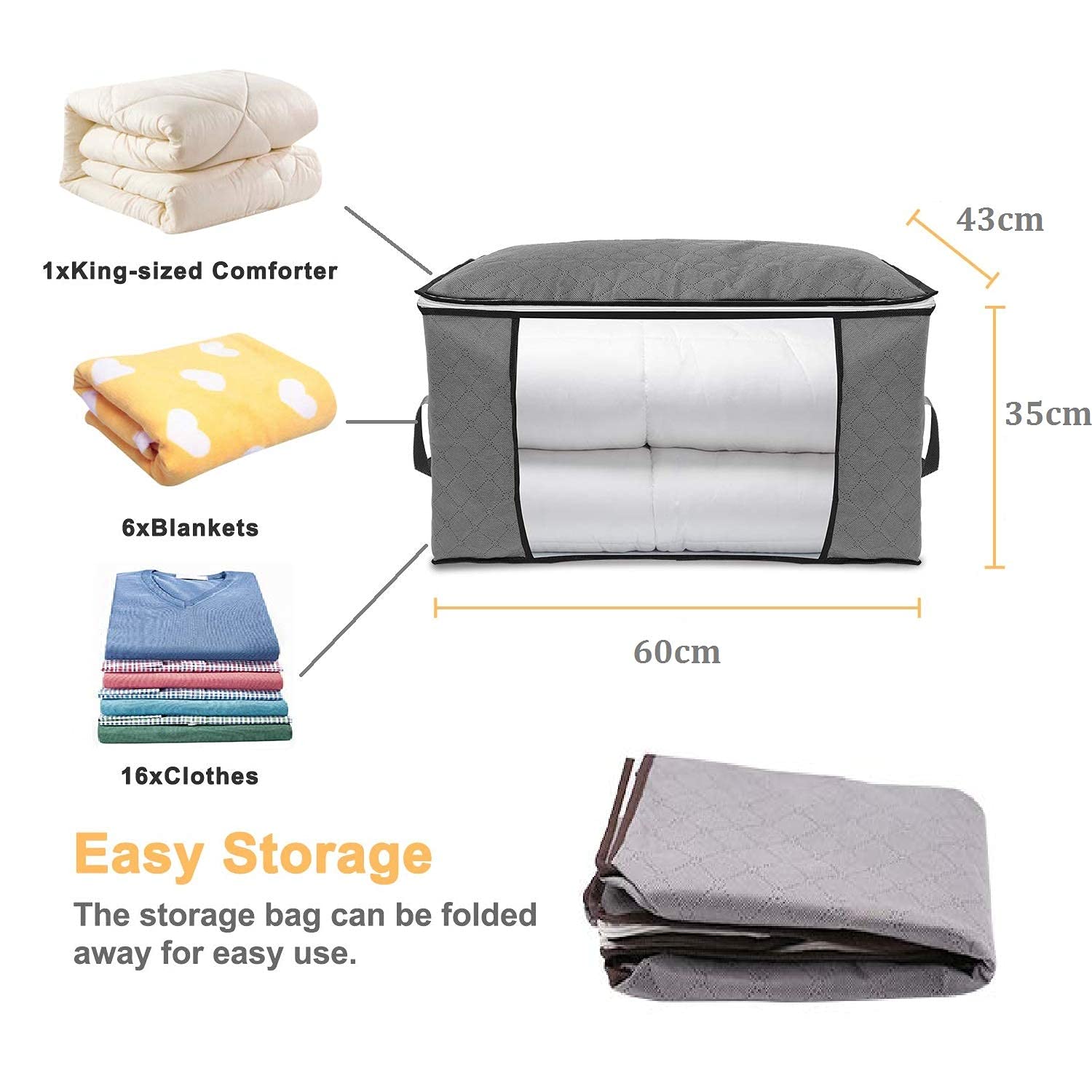 Lot De 2 Sacs De Rangement AIDBUCKS 60x35x43 Cm | Tissu Non-Tissé Triple Couche, Fenêtre Transparente, Poignée Renforcée | Pour Linge De Lit, Couettes, Vêtements