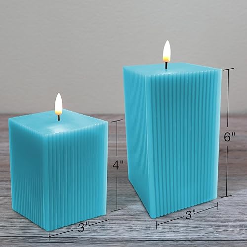 Miniatura 3 de Girimax Velas LED cuadradas sin llama de color azul turquesa con control remoto, velas de pilar de cera real parpadeantes, paquete de 2  3 pulgadas