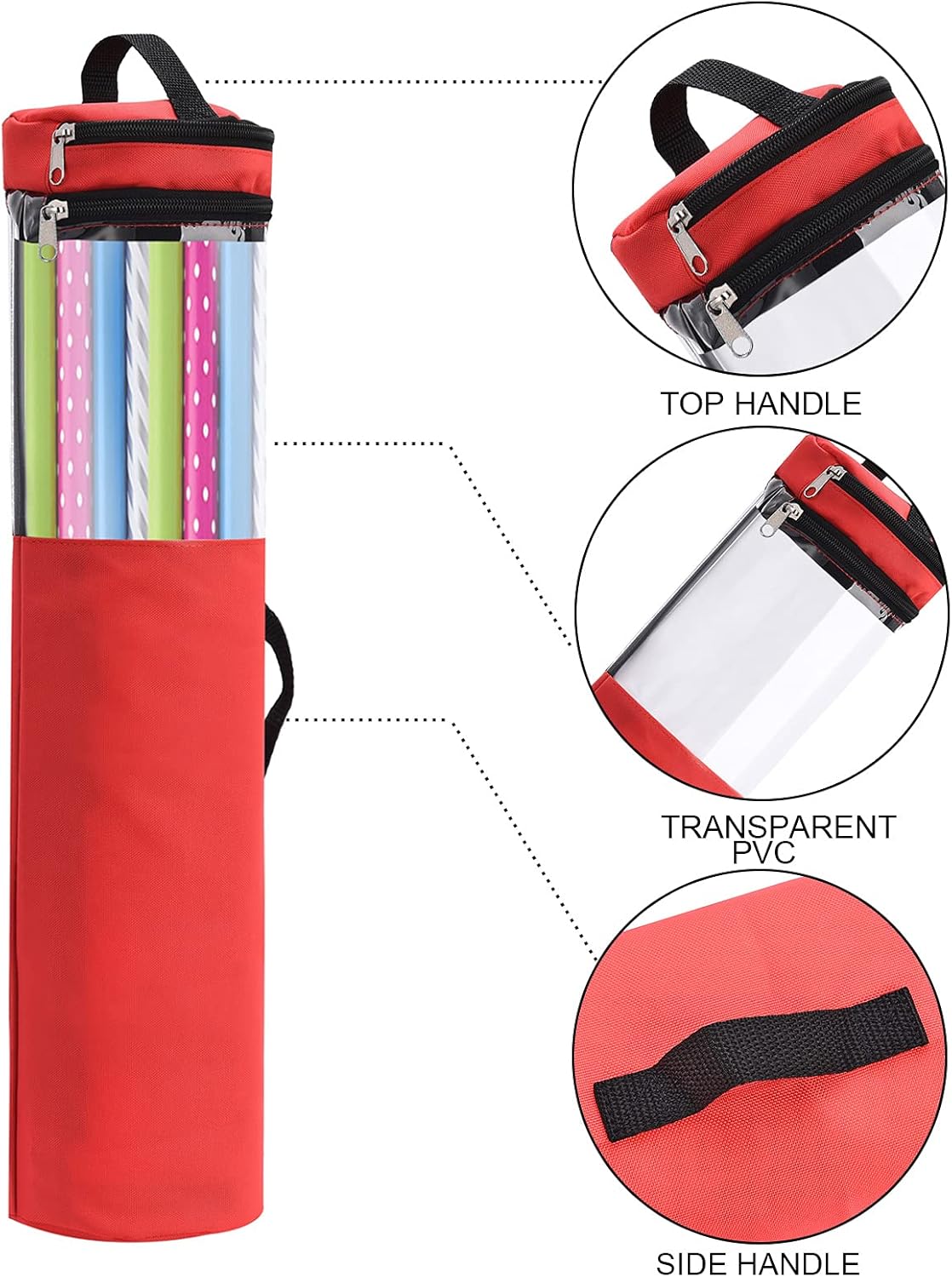 ALXFFBN Christmas Wrapping Paper Storage Bag for 42inch Roll, Clear Gift Wrap Organizer with Section, Handles&Zippered Top Hanging Containers Holiday Accessory, Oxford Fabric, Black, 22.5 x 106.5cm