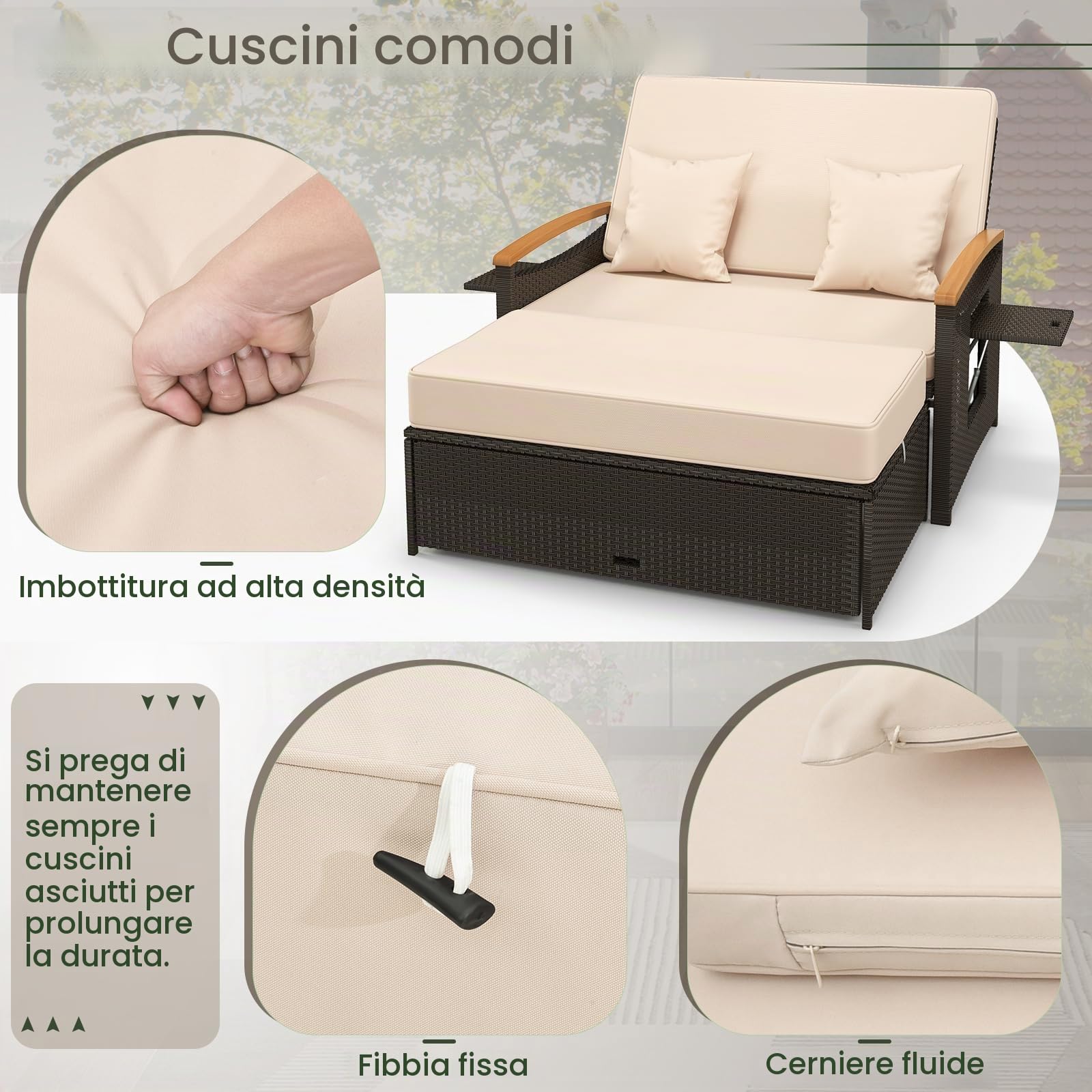 GIANTEX Divano da Giardino in Rattan a 2 Posti con Funzione Allungata, Set di Mobili in Rattan con Sgabello, Doppia Sedia a Sdraio per 2 Persone, 3 Colori (Cuscino Beige)