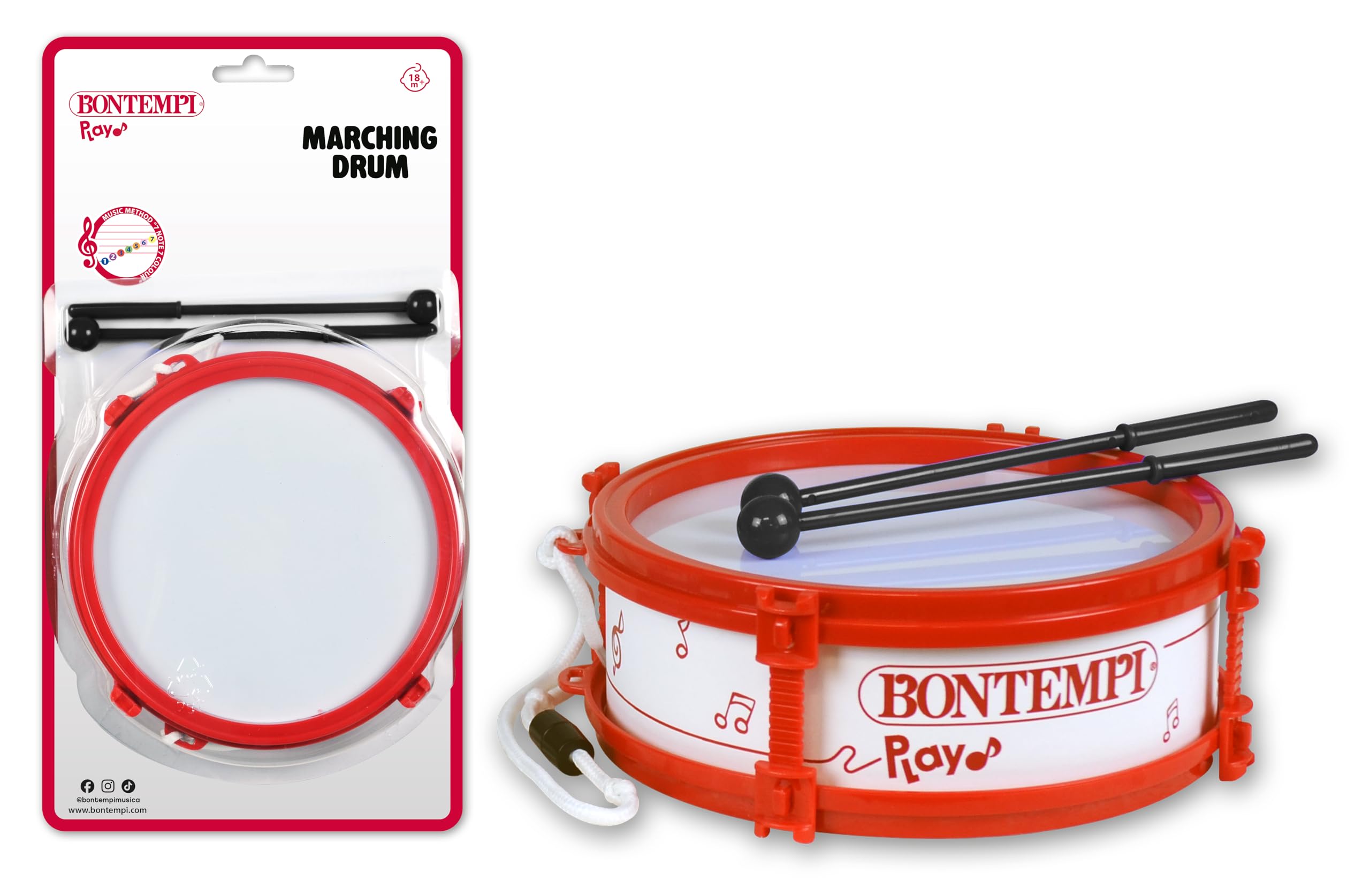 BONTEMPI - Tamburo con Tracolla Completo di Bacchette, Suono Realistico, Diametro 150 mm