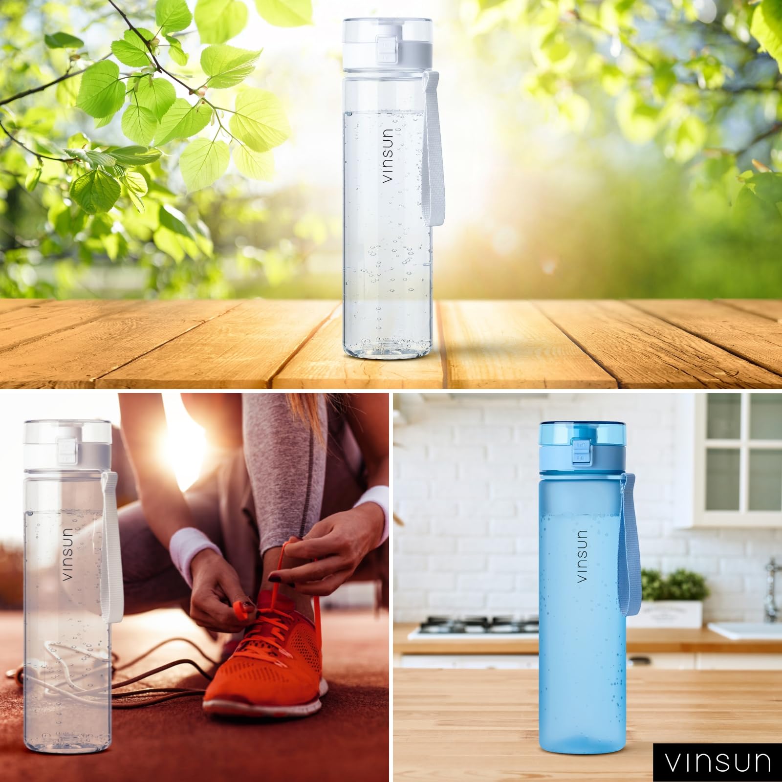 VINSUN Borraccia Sportiva 1 Litro - Tritan senza BPA, Prova di Perdite, Utilizzo con Una Mano - Bottiglia Acqua Leggera per Palestra, Scuola, Università, Ufficio