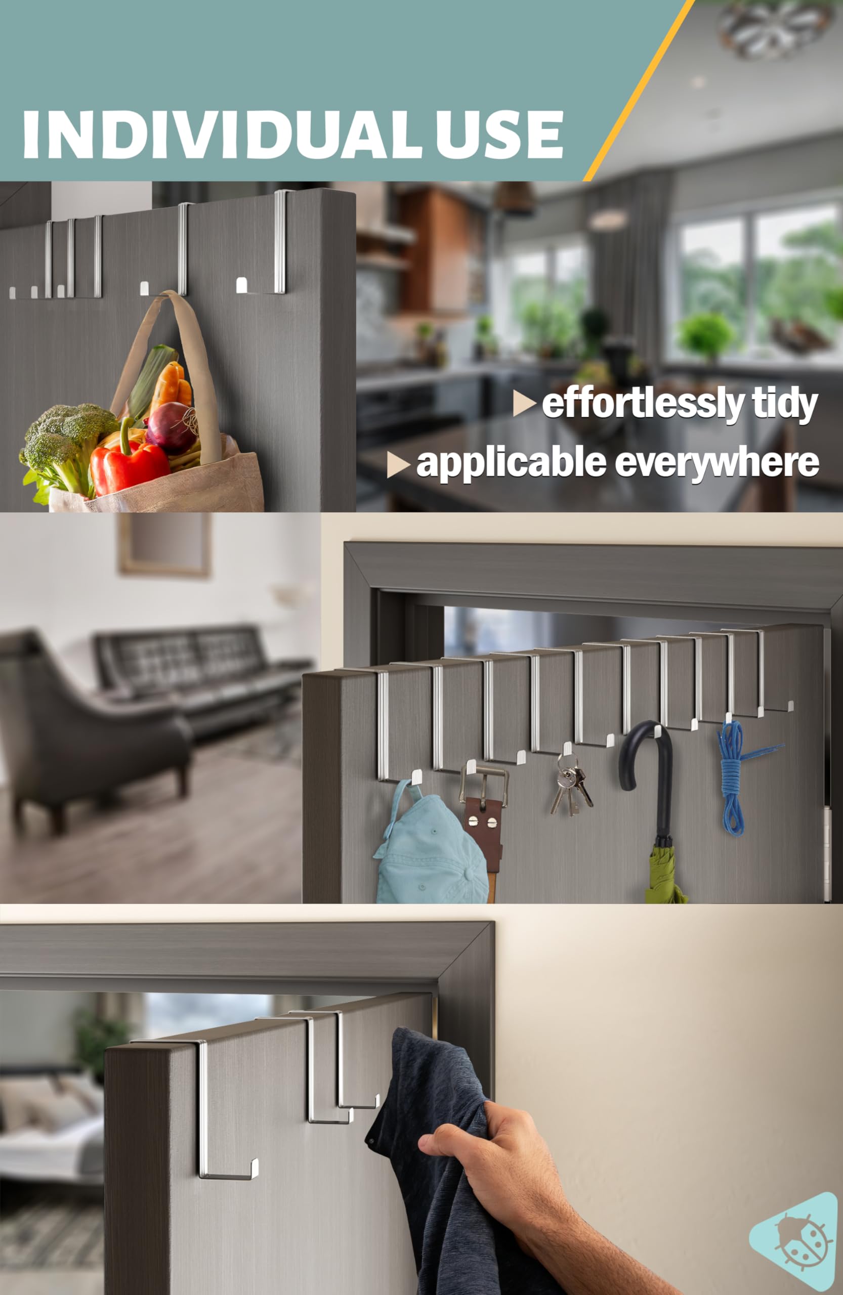 Menz Over Door Hanger - 10 pcs. in Silver - Coat Hooks 3.6 cm (1.4") + 4.6 cm (1.8") - Over Door Hook for Hanging Clothes Coat Rack - Image 4
