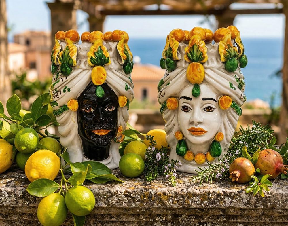 Têtes de moro Caltagirone jaune, grand vase céramique de 20 cm pour une déco bohème chic