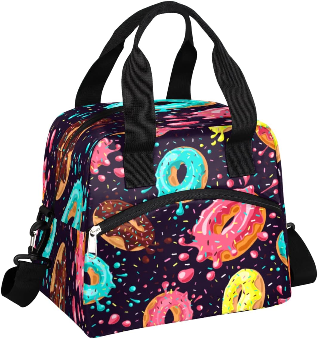 Insulated Lunch Bag Women Men Colorful Funny Donut Large Reusable Lunch Box Leakproof Lunch Tote Bag Cooler Bag with Adjustable Shoulder Strap Travel Picnic Work Beach