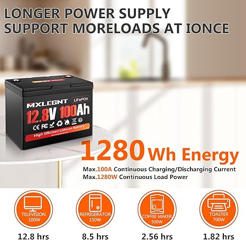 Miniatura 5 de Batería LiFePO4 de litio de 12 V 100 Ah: Baterías MXLEGNT con 15000 ciclos profundos mejorados y BMS de 100 A - Vida útil de 10 años - Máx. 1280Wh