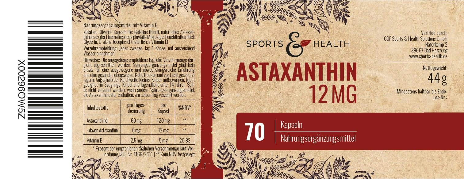 Astaxanthin 12 mg Depot Softgel Kapseln mit Oxidationsschutz - 4 Monatsvorrat - Gel Caps - Mit Vitamin E (70 Kapseln)