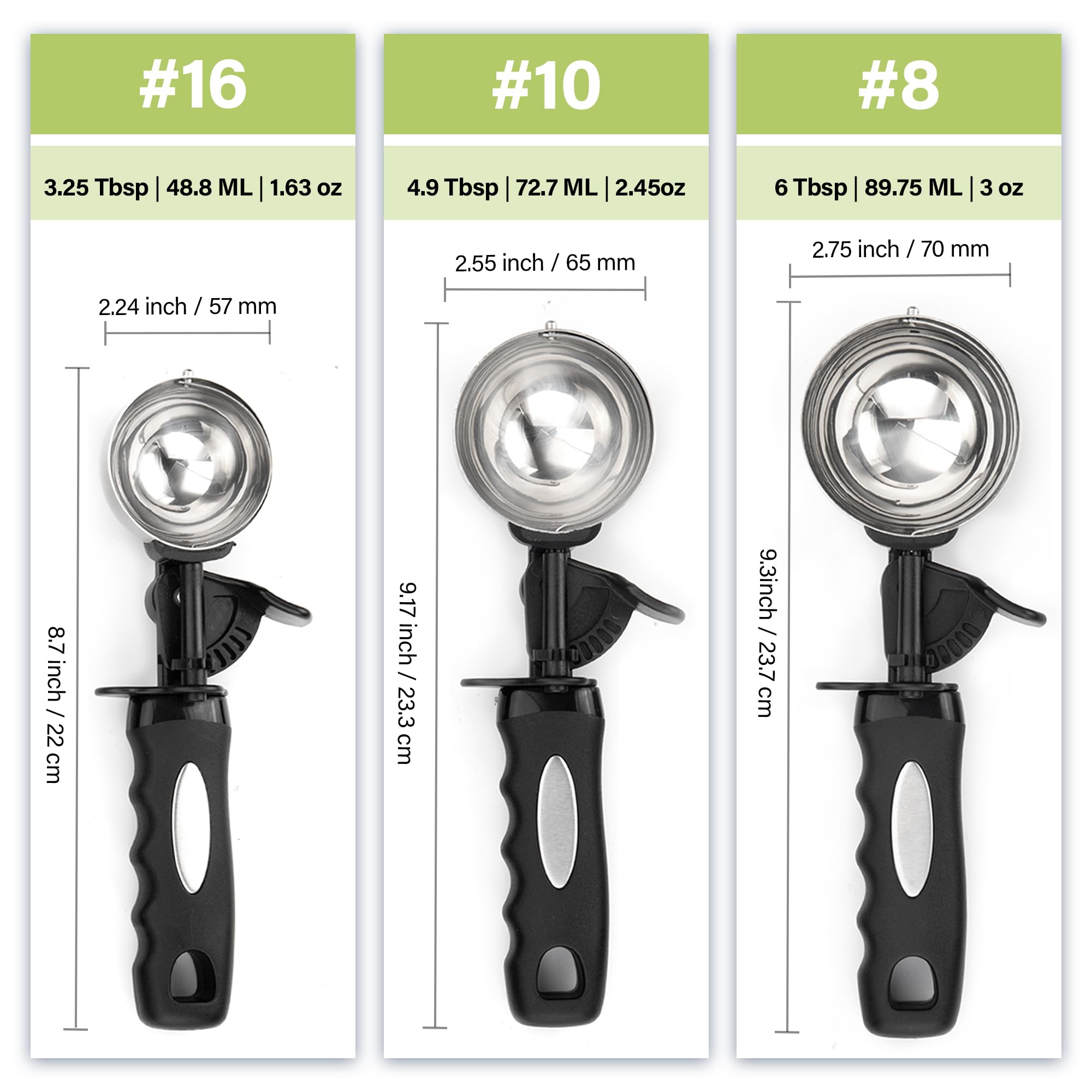 Ice Cream Scoop Set, Large Cookie Scoop Set 3 PCS for Baking 5,5cm / 6,5cm / 7cm Sizes with Thumb Trigger - Image 3