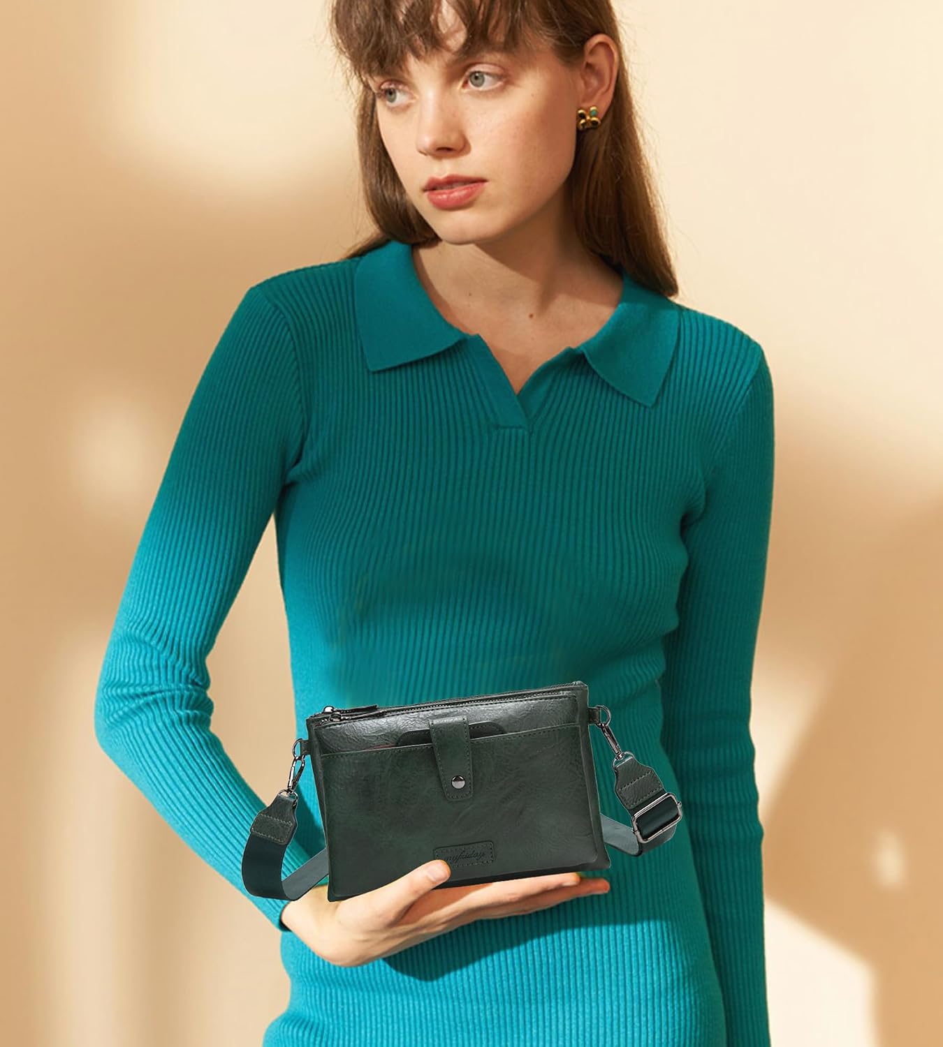myfriday Vintage Leather Camera Crossbody Bag for Women, Stylish Two Layer Shoulder Bag Purse with Removable Card Slots image 3